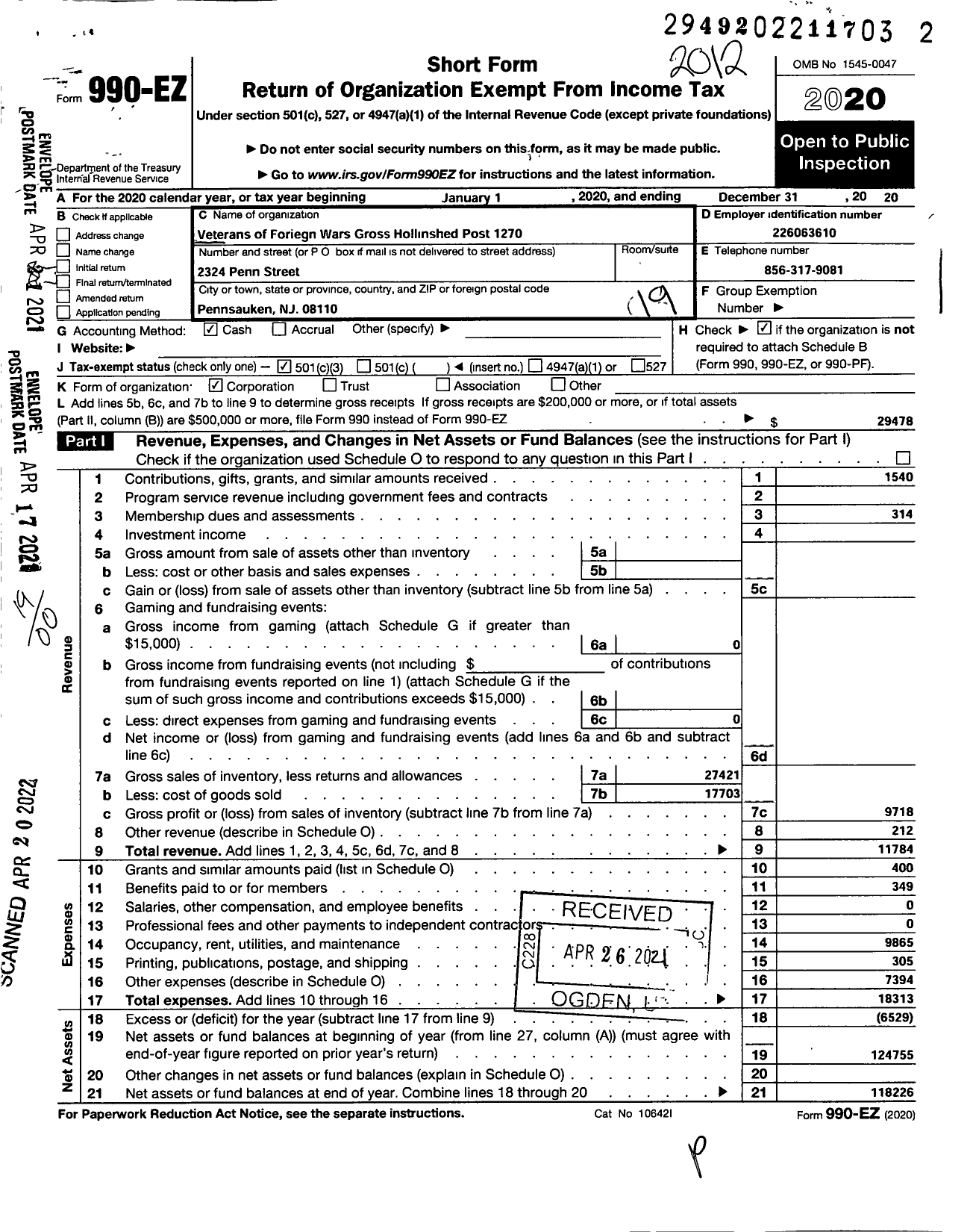 Image of first page of 2020 Form 990EO for Department of New Jersey VFW - 1270 Gross Hollinshed Post