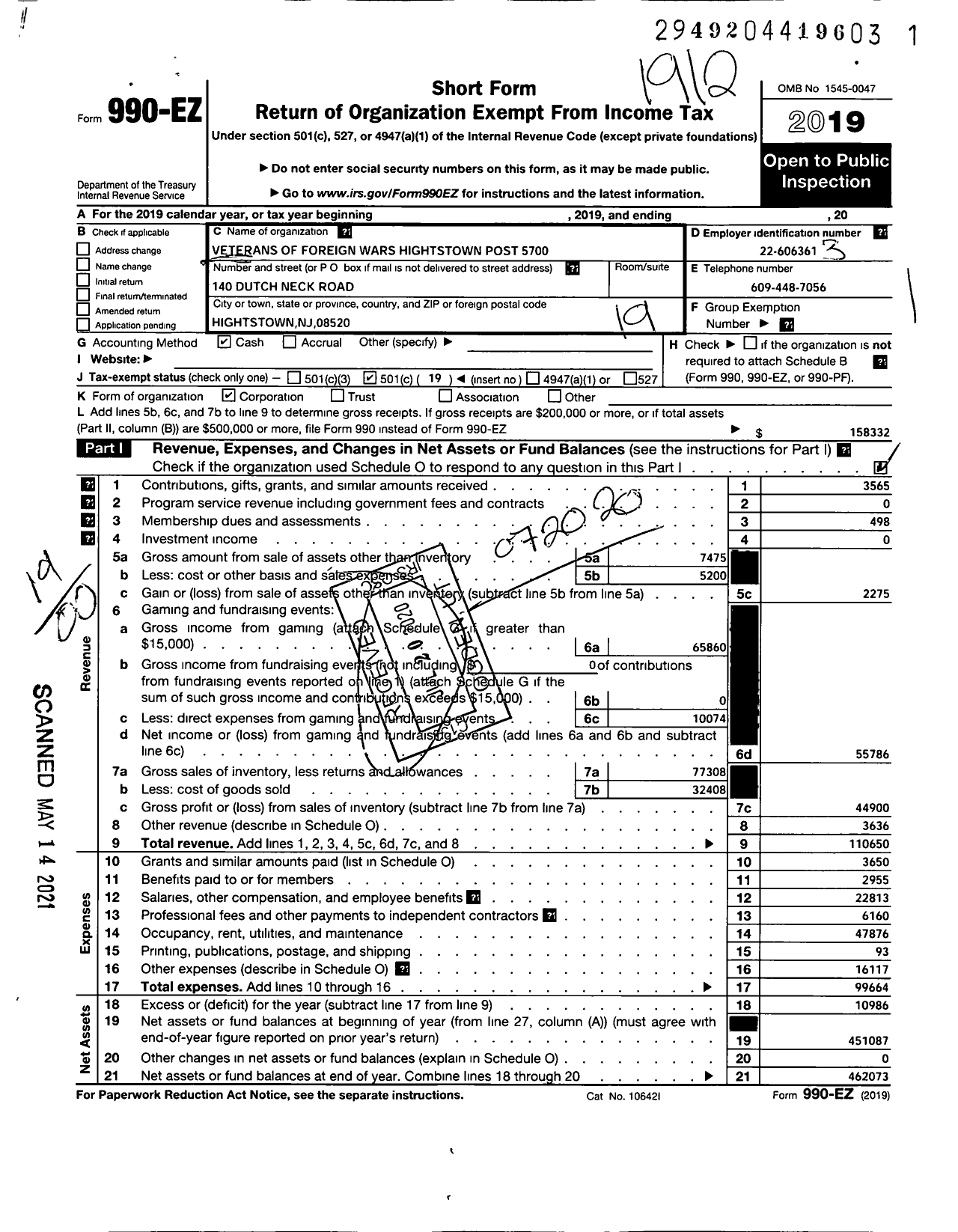 Image of first page of 2019 Form 990EO for Department of New Jersey VFW - 5700 VFW Post