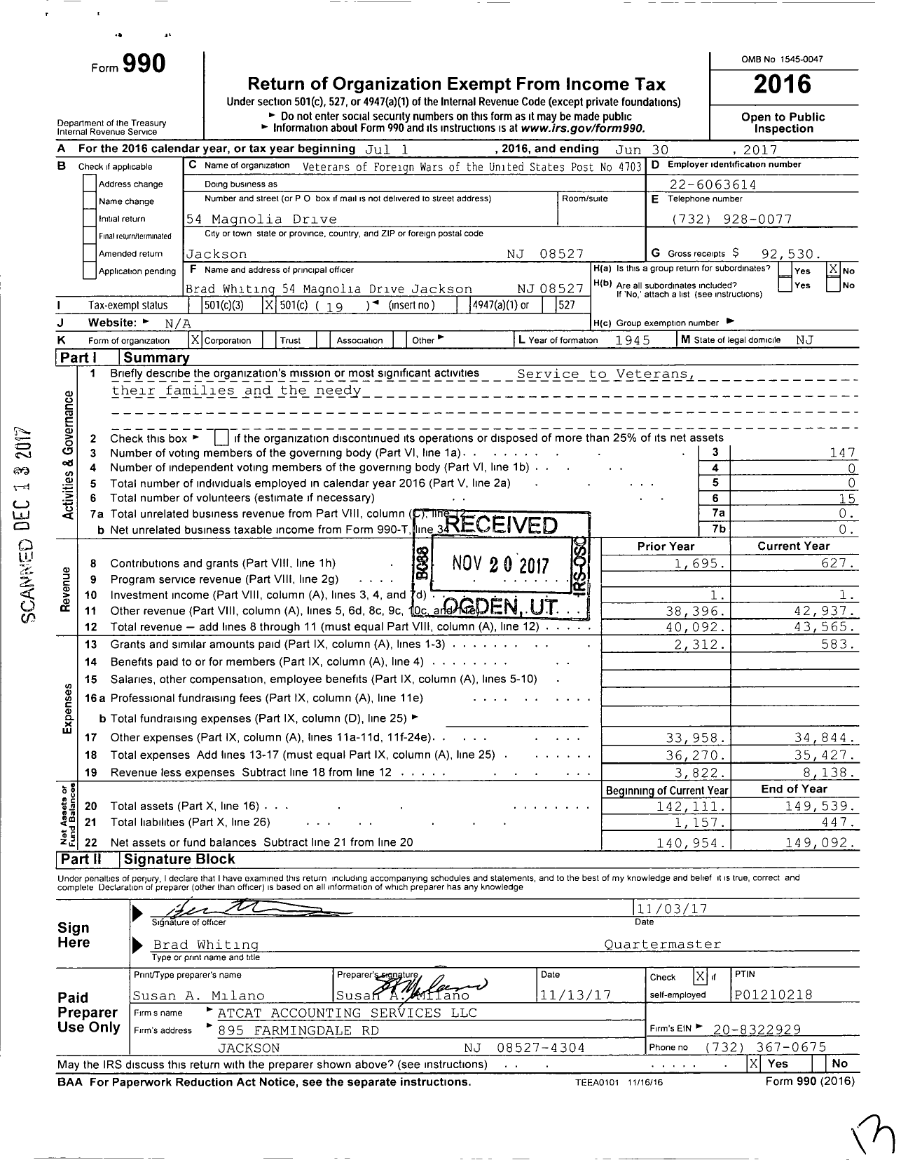 Image of first page of 2016 Form 990O for Department of New Jersey VFW - 4703 Jackson Township Post