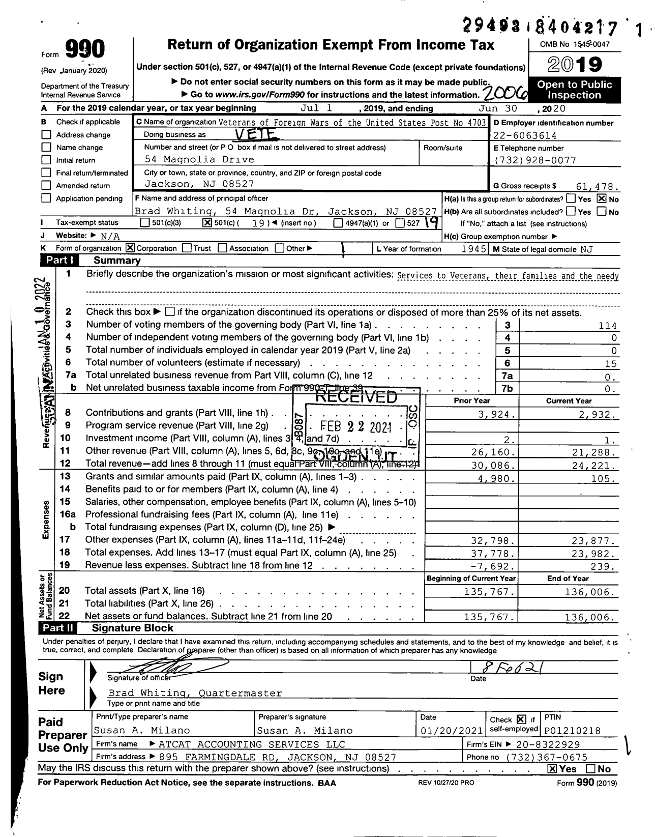 Image of first page of 2019 Form 990O for Department of New Jersey VFW - 4703 Jackson Township Post