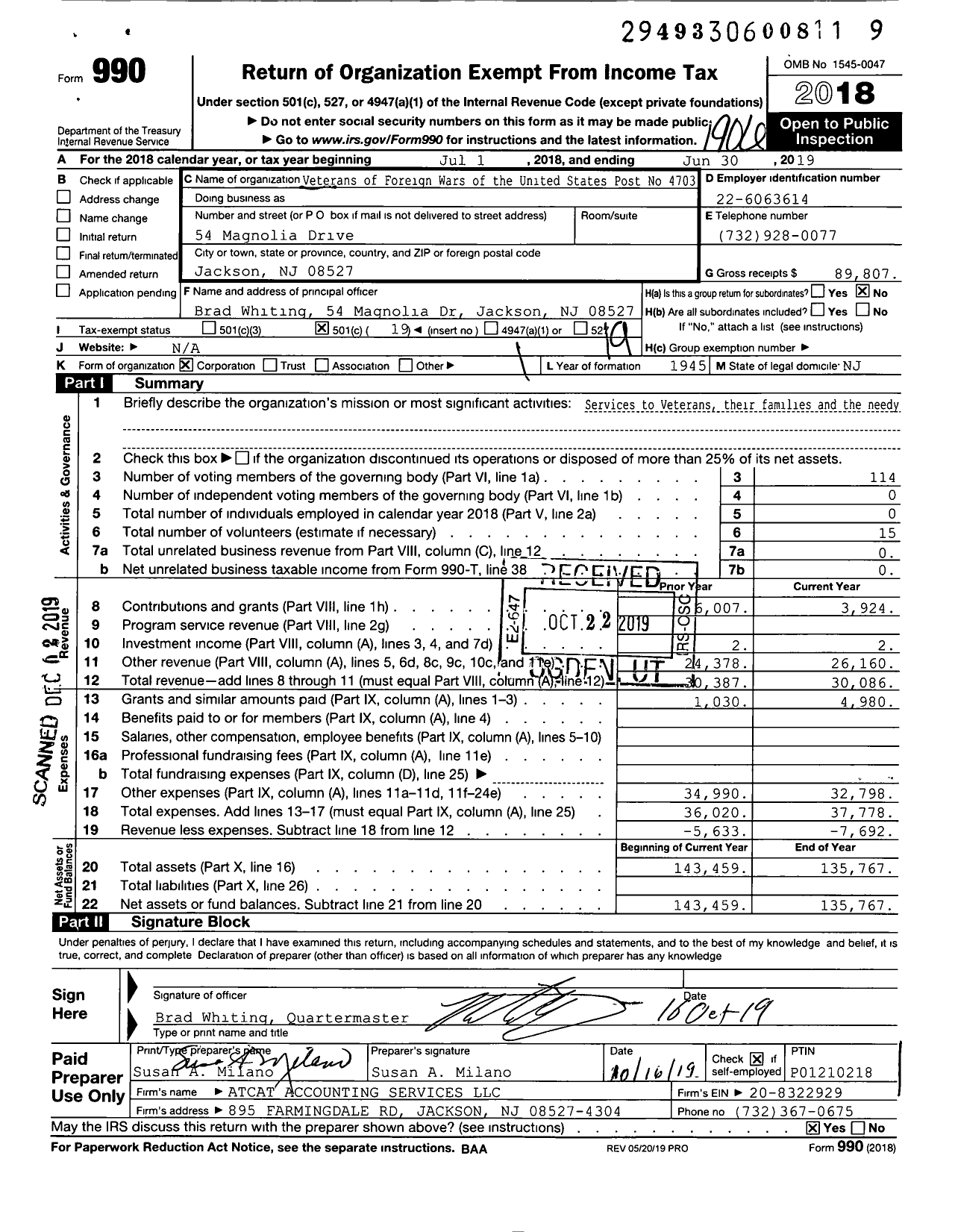 Image of first page of 2018 Form 990O for Department of New Jersey VFW - 4703 Jackson Township Post