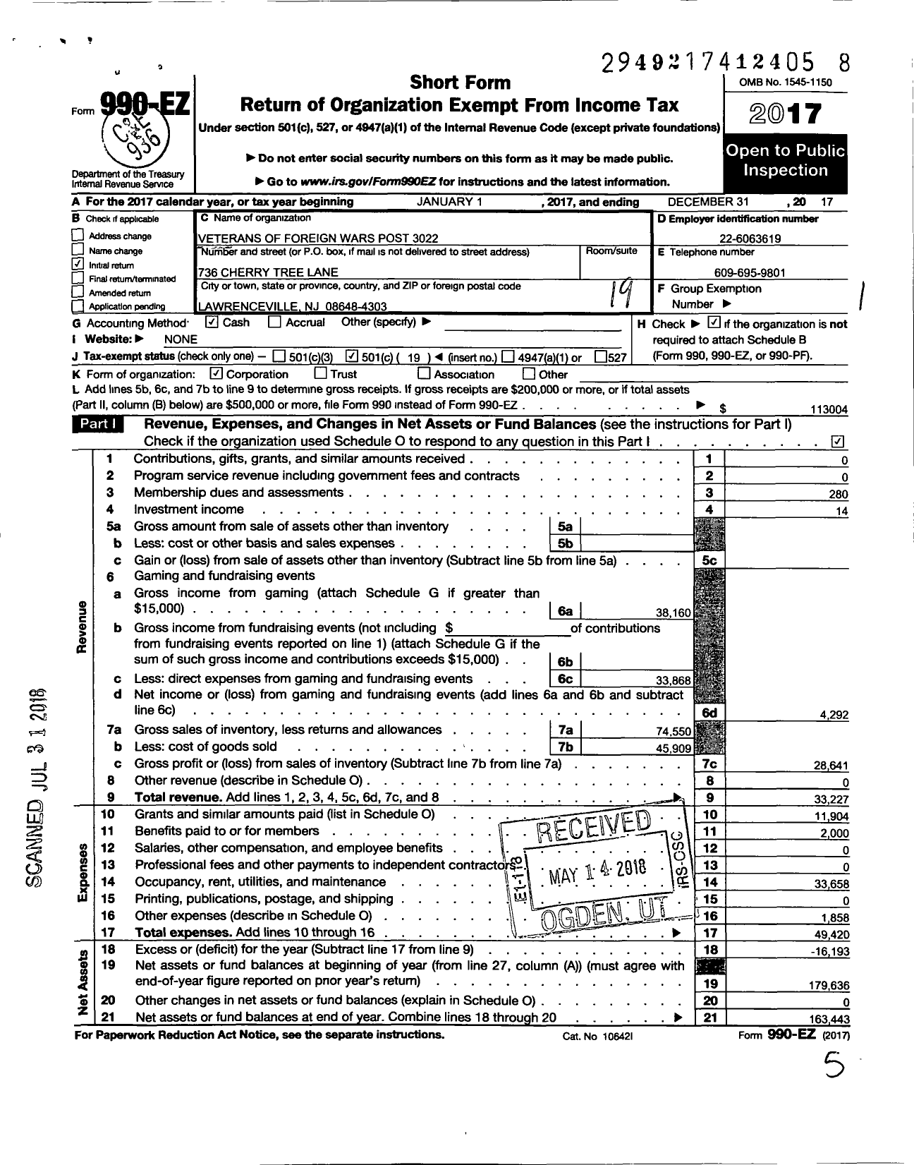 Image of first page of 2017 Form 990EO for Department of New Jersey VFW - 3022 Lawrence Township Post