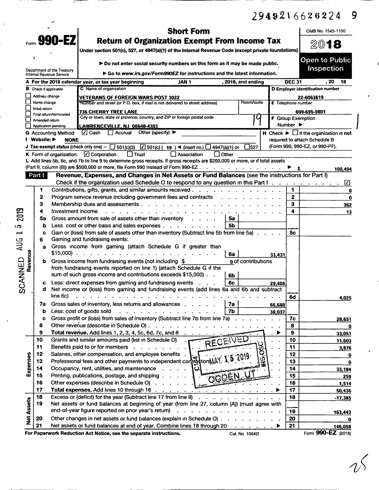 Image of first page of 2018 Form 990EO for Department of New Jersey VFW - 3022 Lawrence Township Post