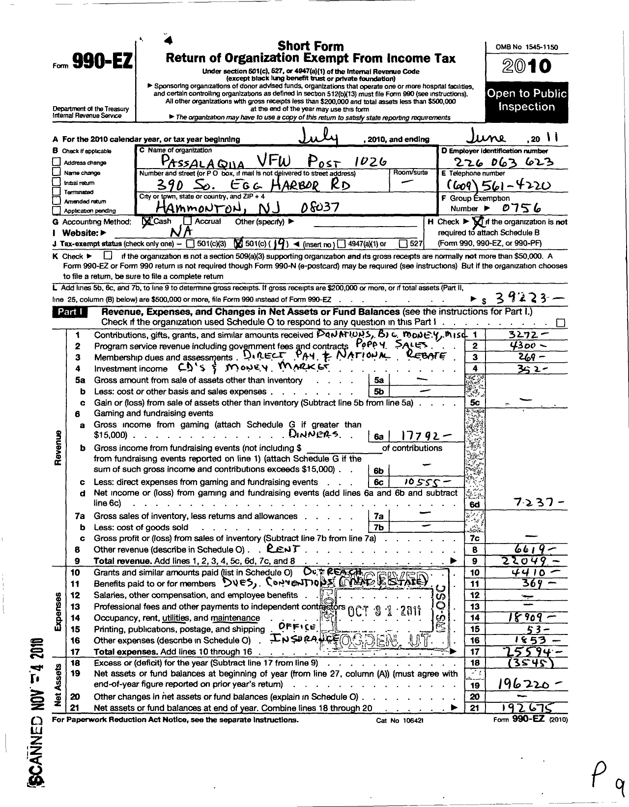 Image of first page of 2010 Form 990EO for Department of New Jersey VFW - 1026 VFW Post