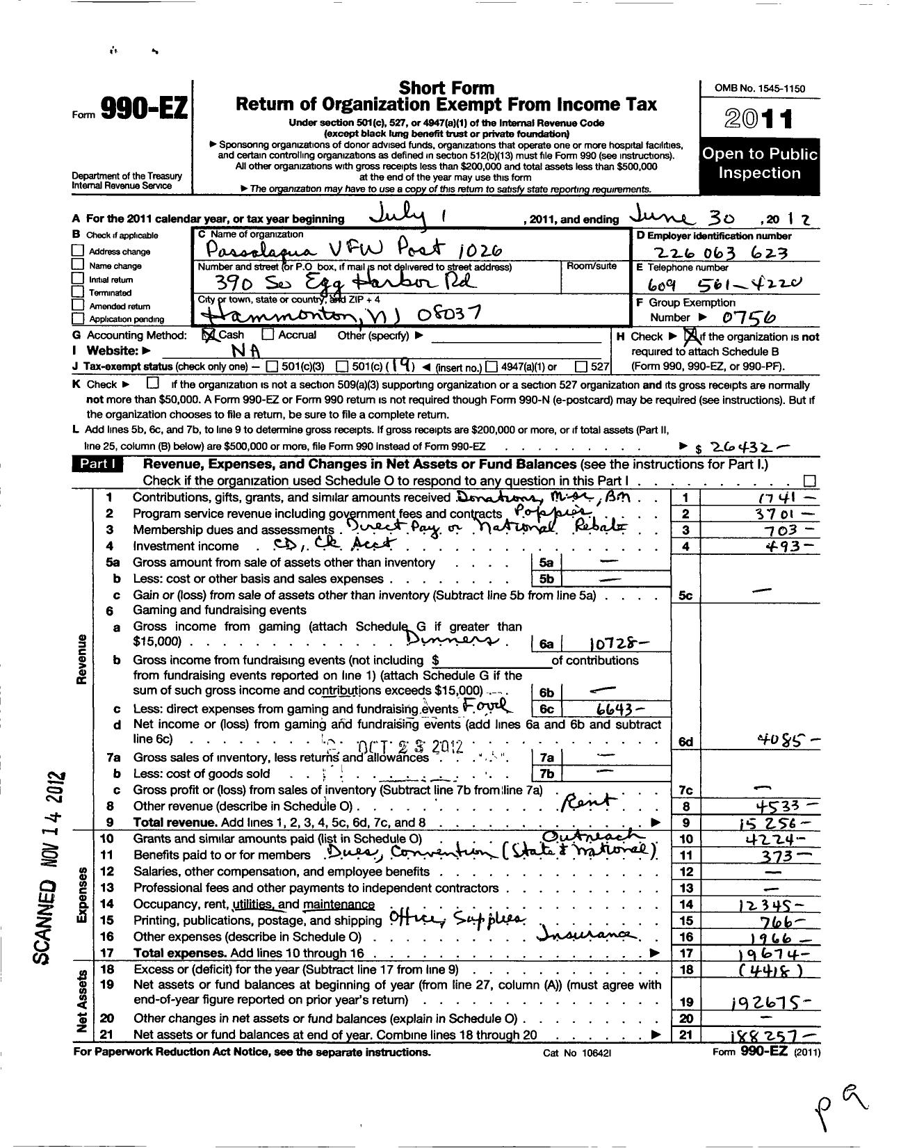 Image of first page of 2011 Form 990EO for Department of New Jersey VFW - 1026 VFW Post