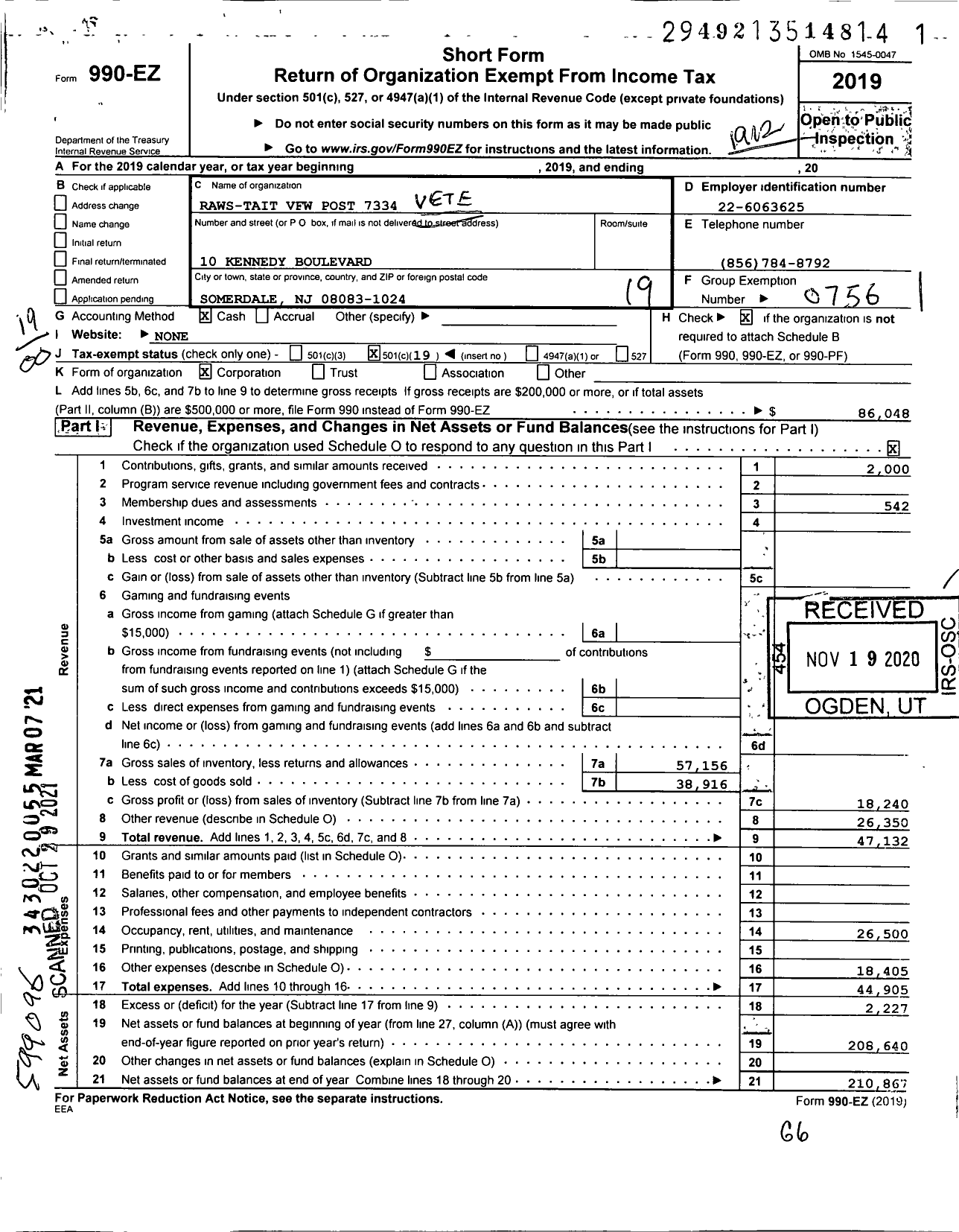 Image of first page of 2019 Form 990EO for Department of New Jersey VFW - 7334 Raws Tait Post