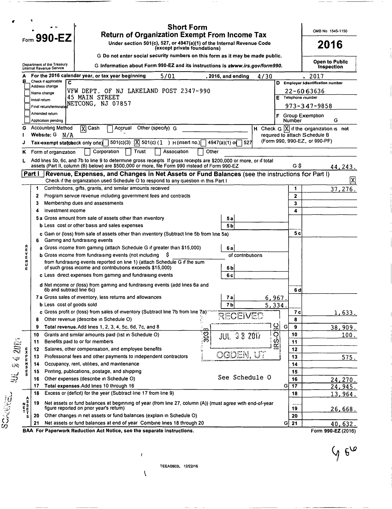 Image of first page of 2016 Form 990EO for Department of New Jersey VFW - 2347 Lakeland Post