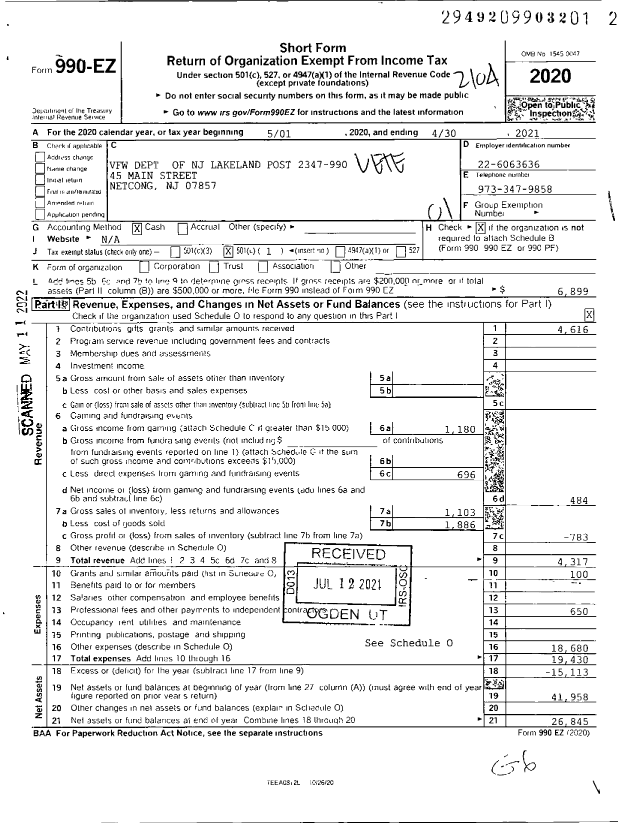 Image of first page of 2020 Form 990EO for Department of New Jersey VFW - 2347 Lakeland Post