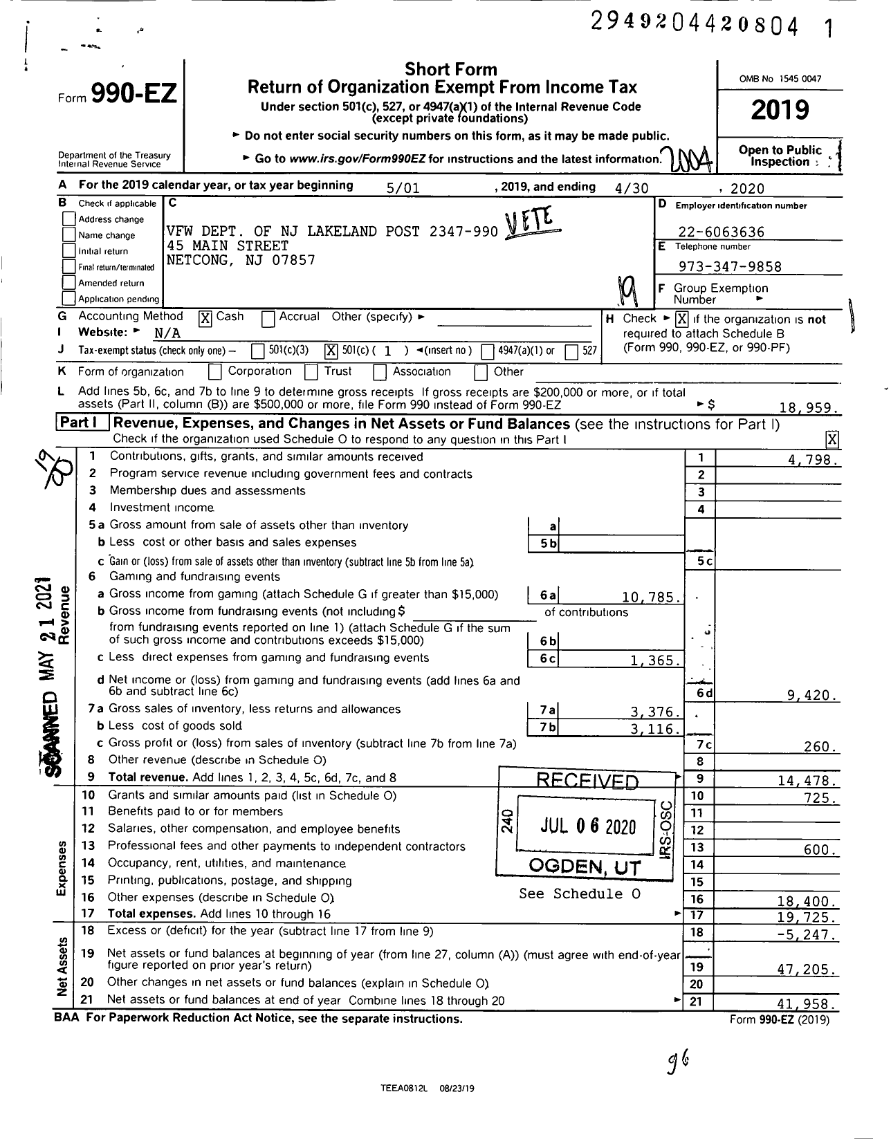 Image of first page of 2019 Form 990EO for Department of New Jersey VFW - 2347 Lakeland Post