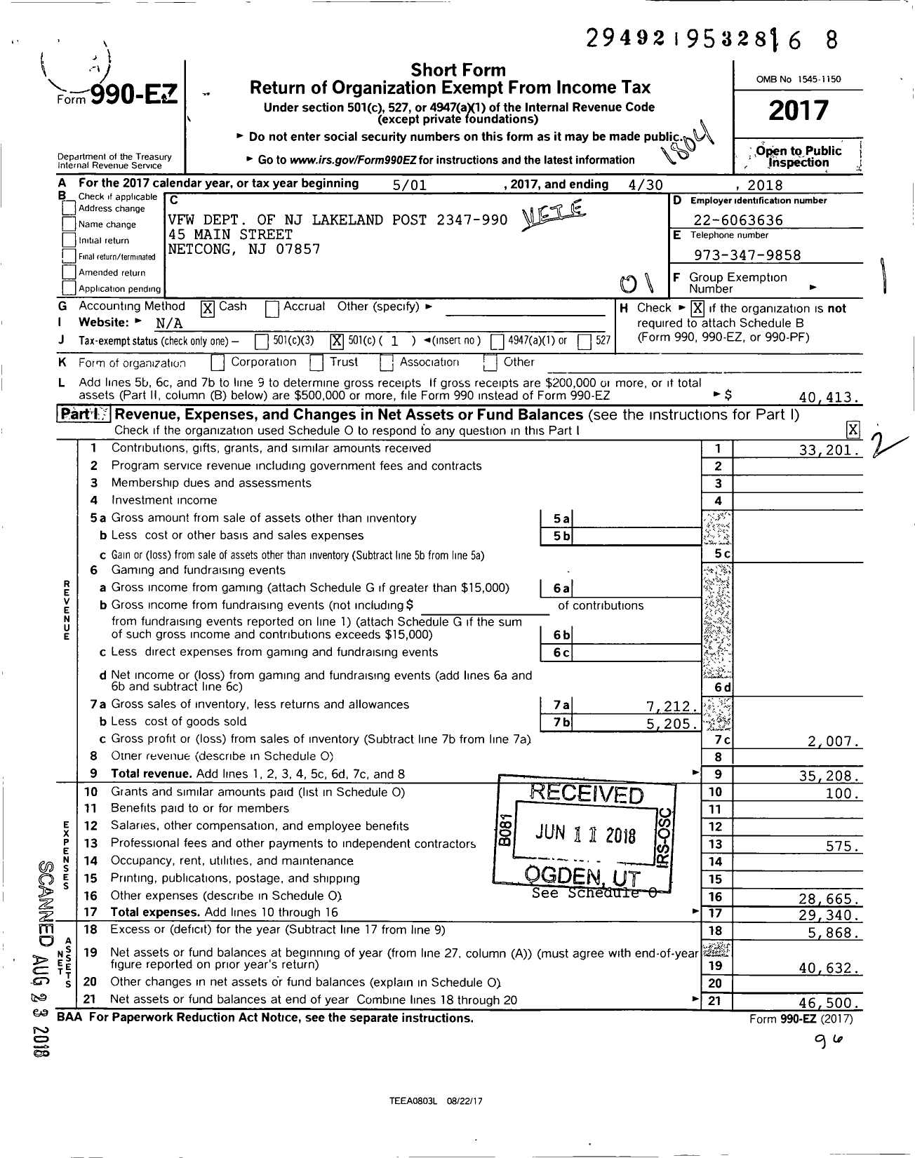 Image of first page of 2017 Form 990EO for Department of New Jersey VFW - 2347 Lakeland Post