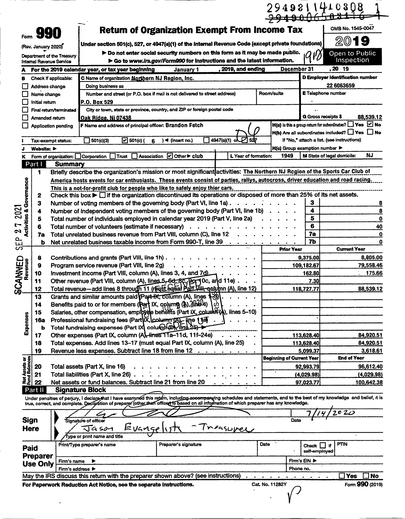 Image of first page of 2019 Form 990O for Northern New Jersey Region Sports Car Club of America