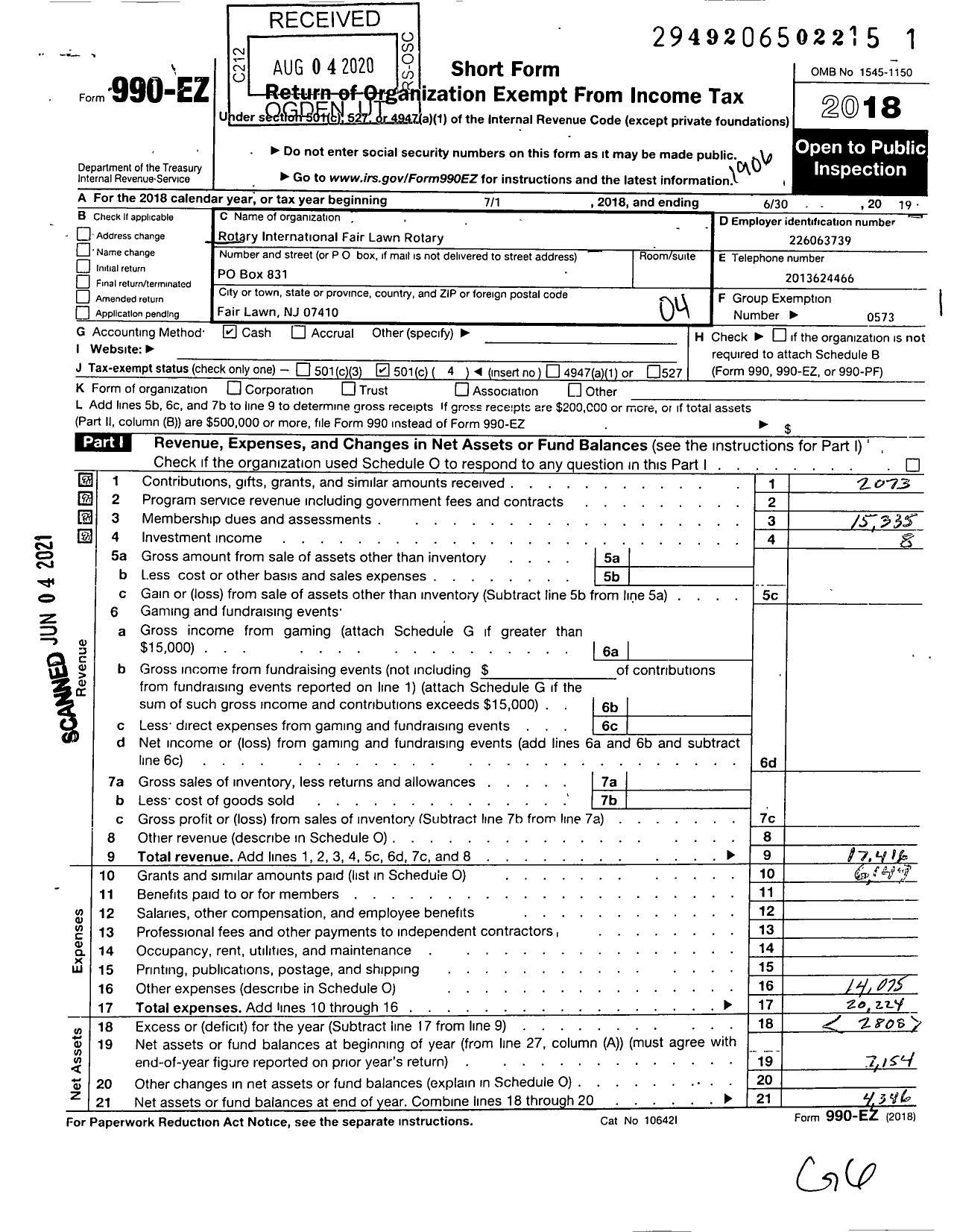 Image of first page of 2018 Form 990EO for Rotary International - Fair Lawn Rotary Club