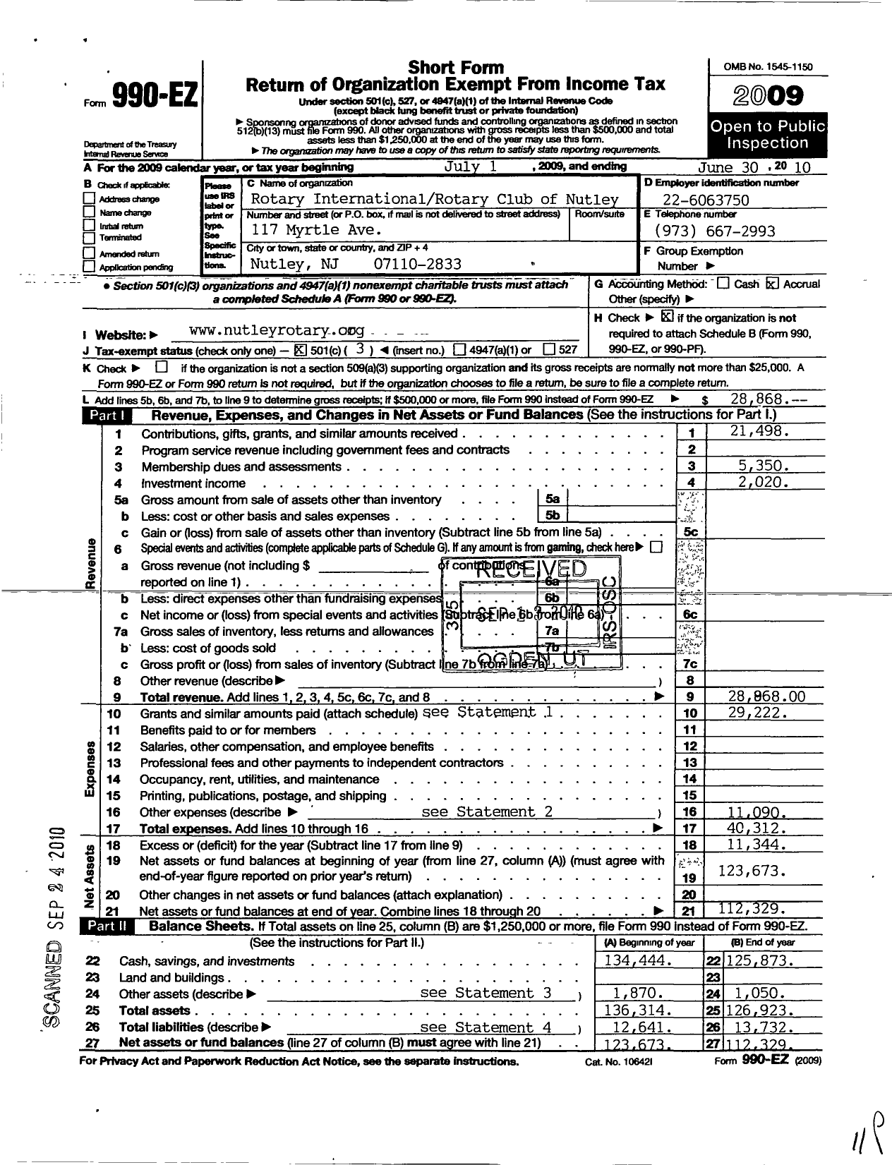 Image of first page of 2009 Form 990EZ for Rotary International - Nutley Rotary Club