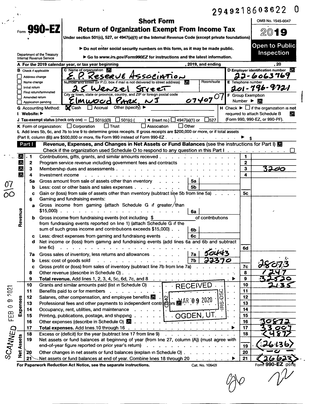 Image of first page of 2019 Form 990O for East Paterson Reserve Association