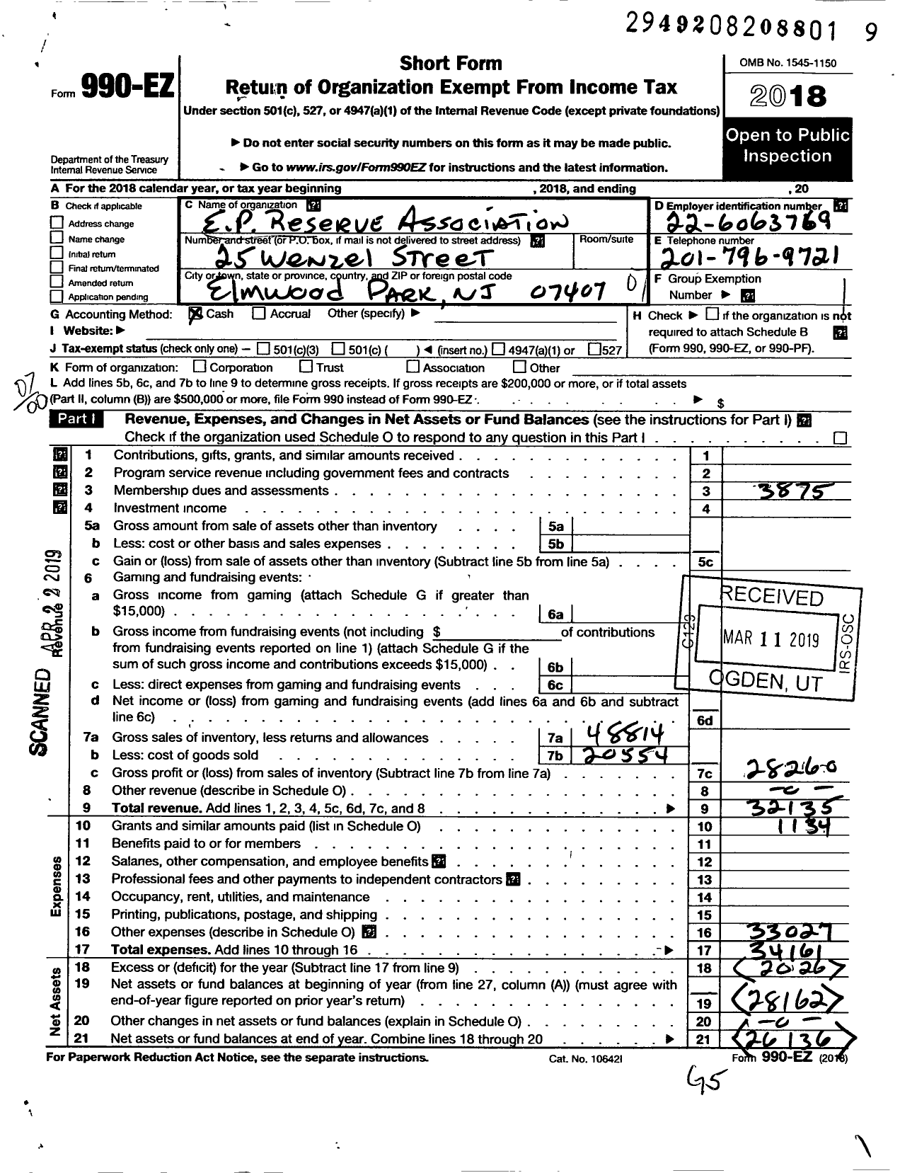 Image of first page of 2018 Form 990EO for East Paterson Reserve Association