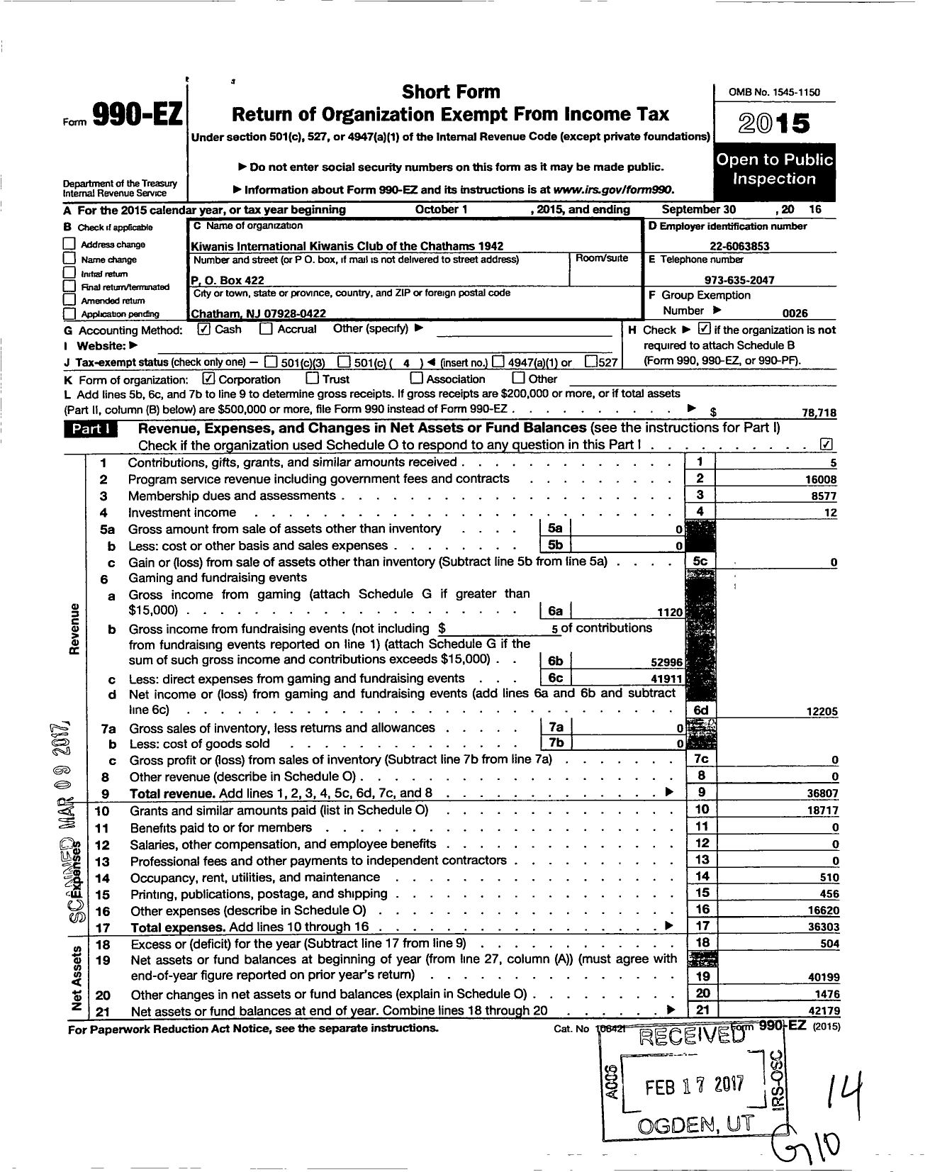 Image of first page of 2015 Form 990EO for Kiwanis International - K01942 Chathams