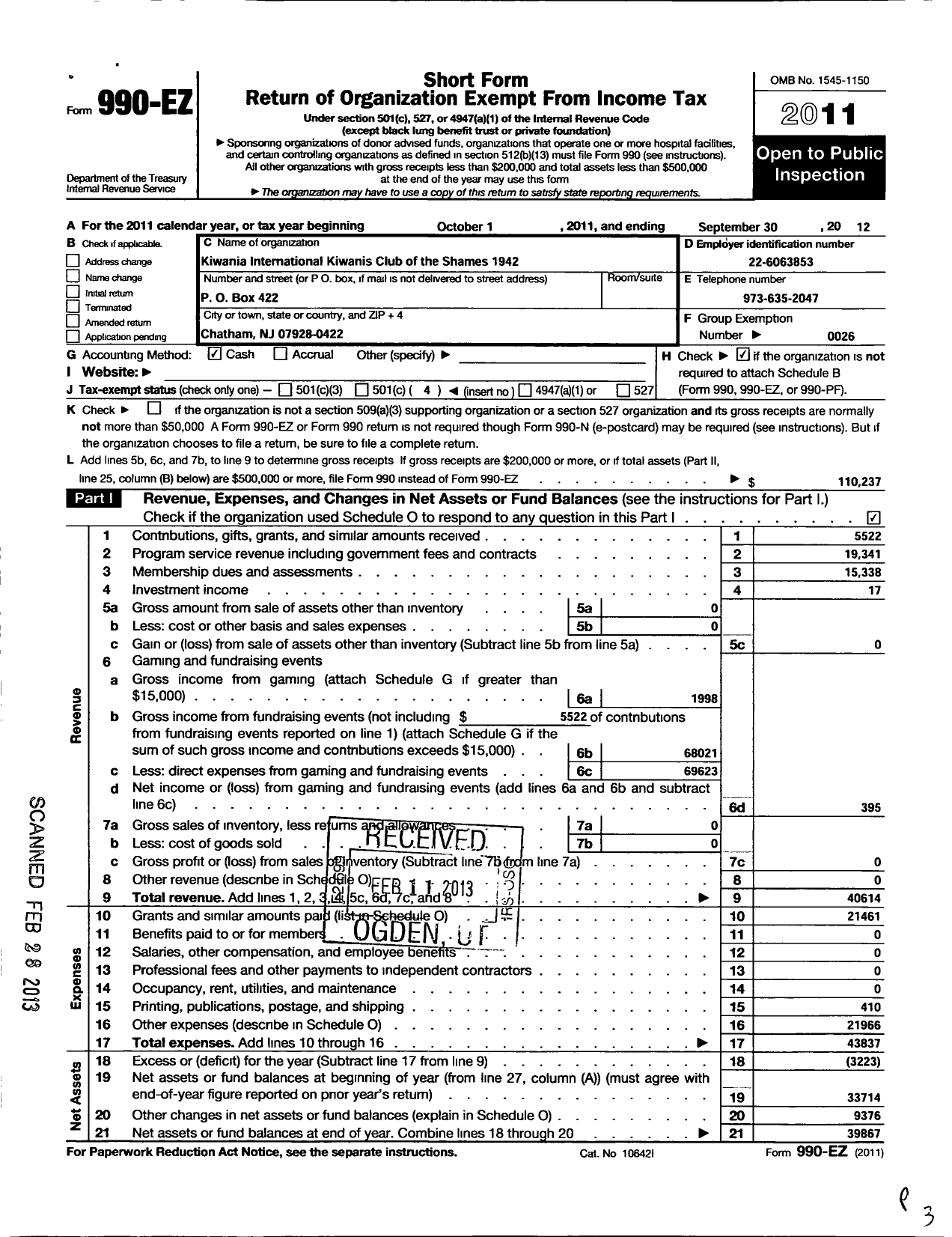 Image of first page of 2011 Form 990EO for Kiwanis International - K01942 Chathams