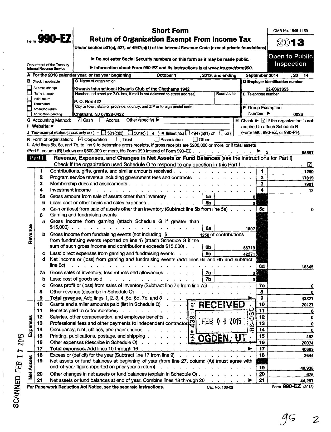 Image of first page of 2013 Form 990EO for Kiwanis International - K01942 Chathams