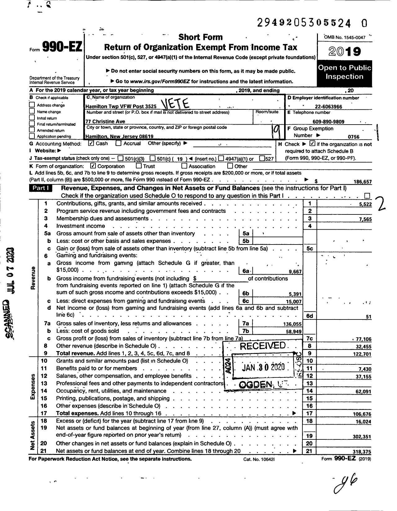 Image of first page of 2019 Form 990EO for Department of New Jersey VFW - Frank J Uveges Post No 3525 VFW