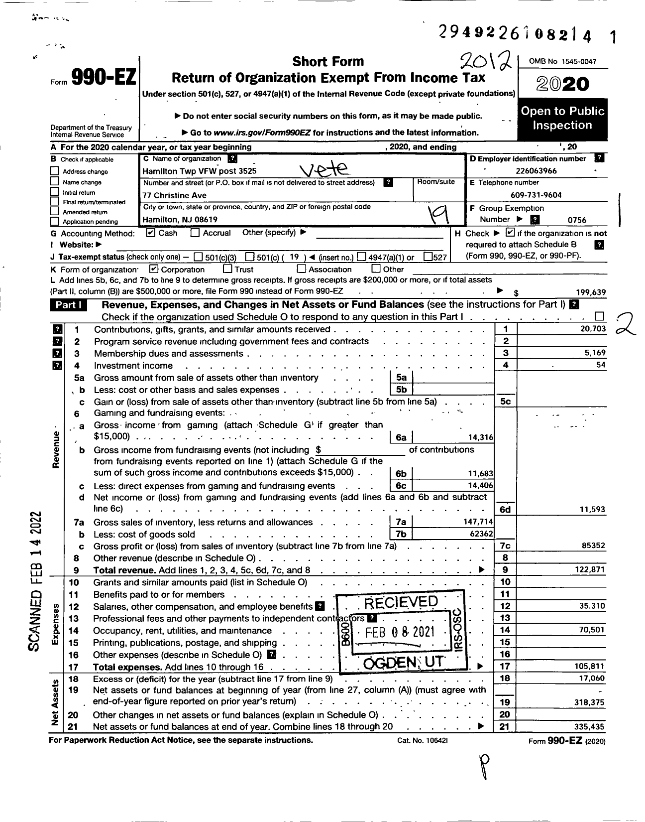 Image of first page of 2020 Form 990EO for Department of New Jersey VFW - Frank J Uveges Post No 3525 VFW