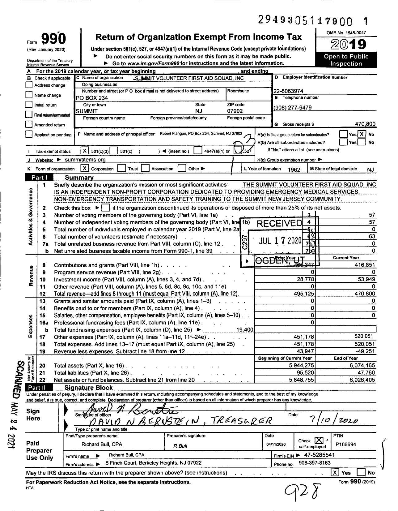 Image of first page of 2019 Form 990 for Summit Volunteer First Aid Squad