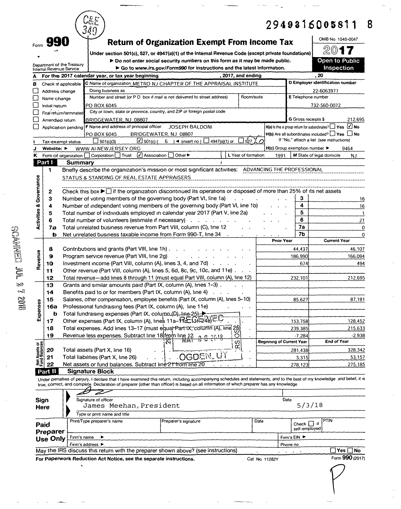 Image of first page of 2017 Form 990O for Metro New Jersey Chapter of the Appraisal Institute