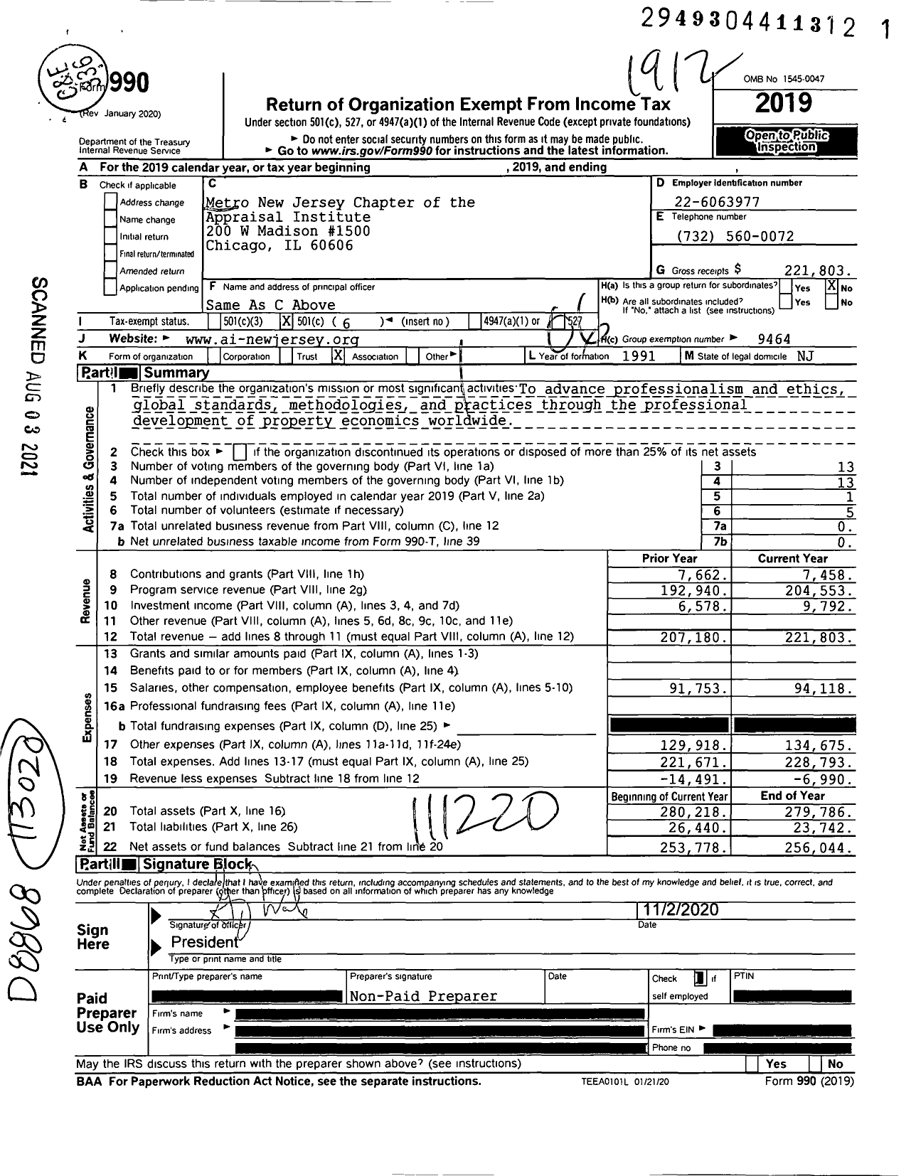 Image of first page of 2019 Form 990O for Metro New Jersey Chapter of the Appraisal Institute