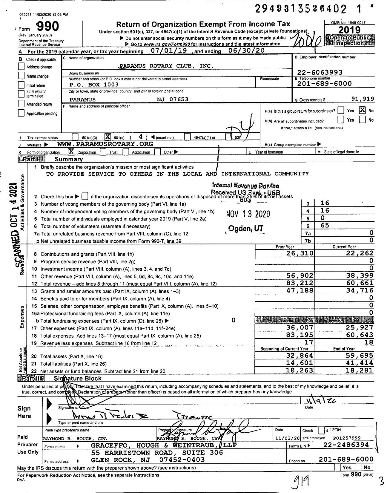 Image of first page of 2019 Form 990O for Rotary International - Paramus NJ Rotary Club