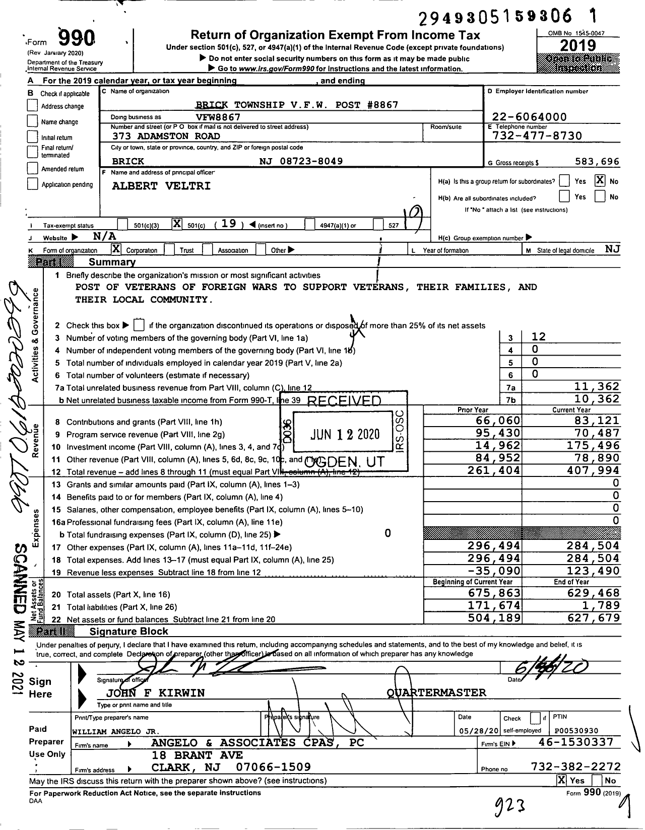 Image of first page of 2019 Form 990O for Department of New Jersey VFW - VFW8867