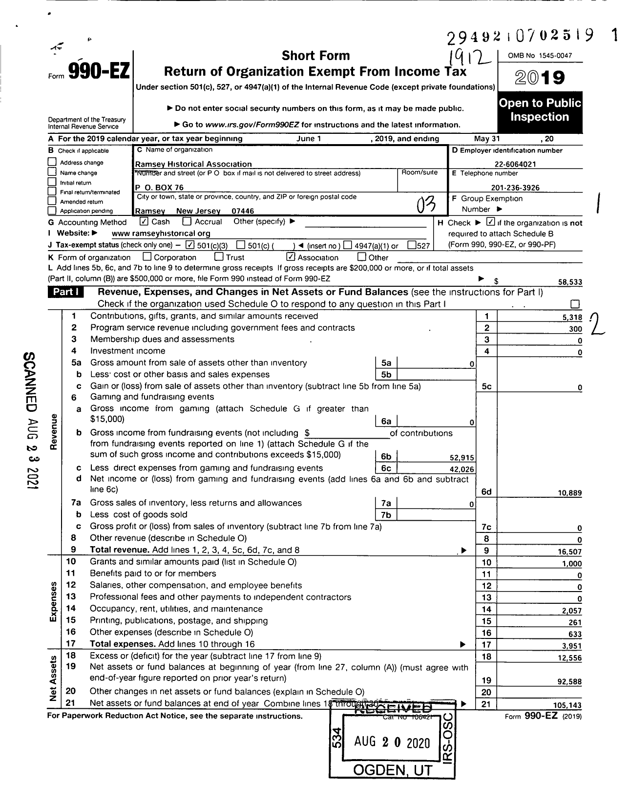 Image of first page of 2019 Form 990EZ for Ramsey Historical Association