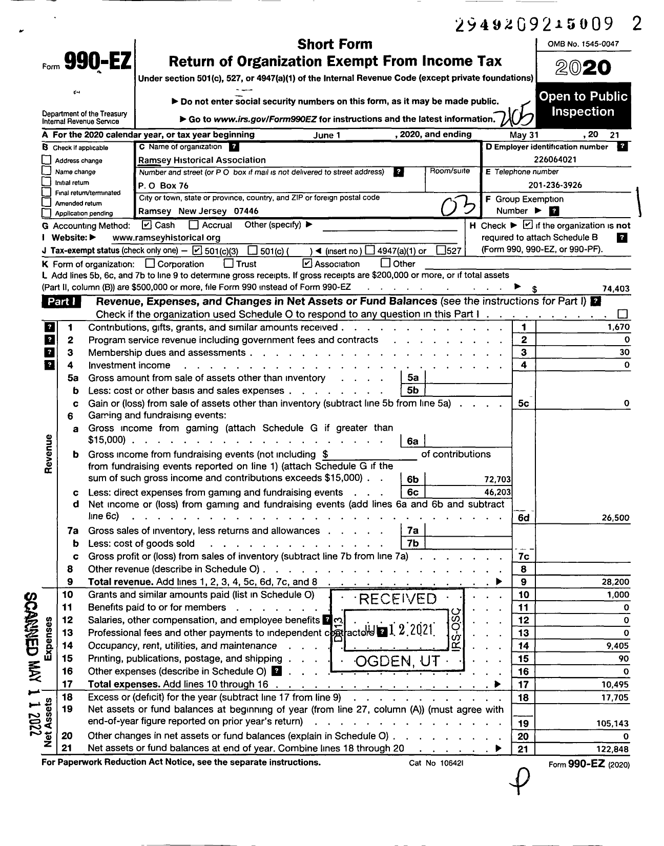 Image of first page of 2020 Form 990EZ for Ramsey Historical Association