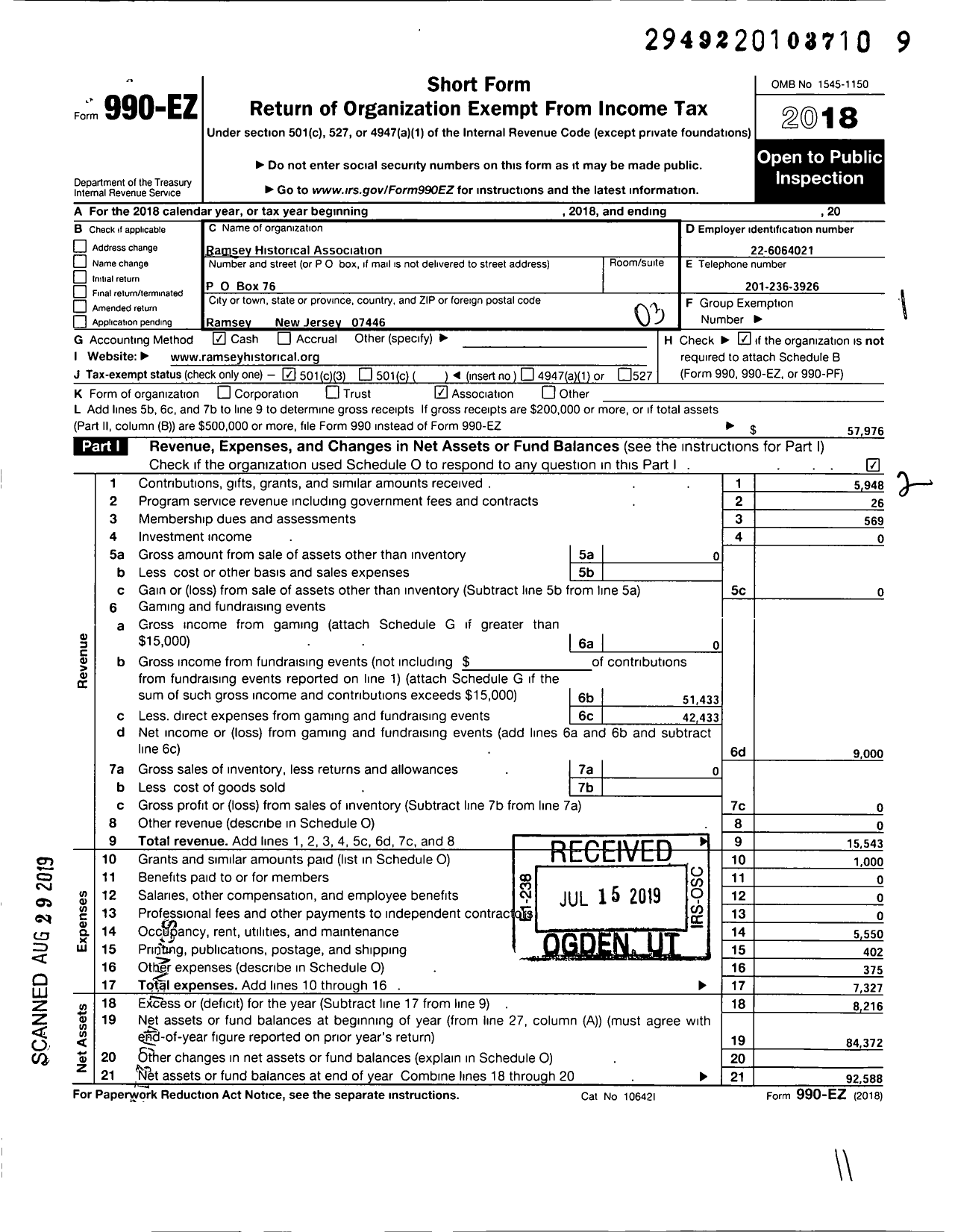 Image of first page of 2018 Form 990EZ for Ramsey Historical Association