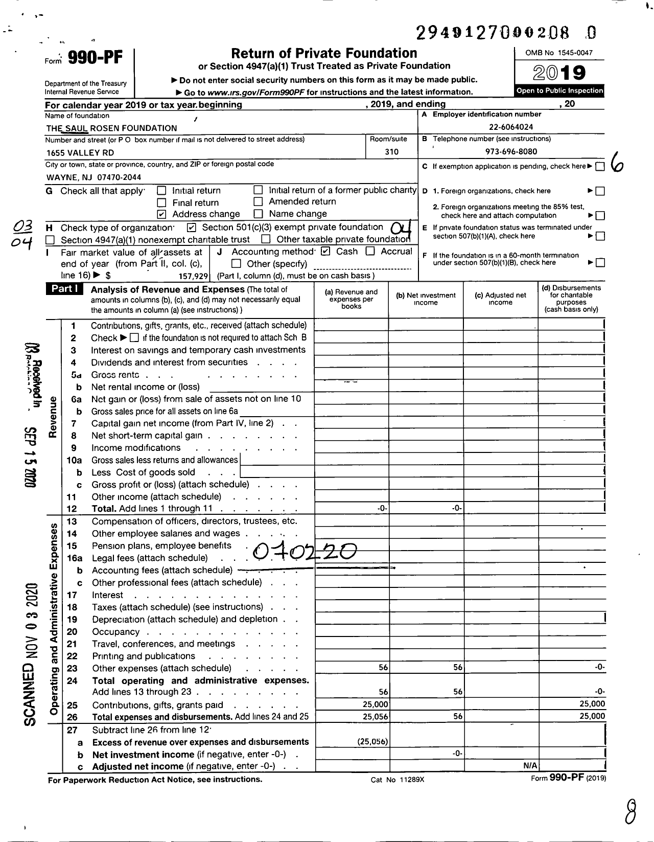 Image of first page of 2019 Form 990PF for Saul Rosen Foundation