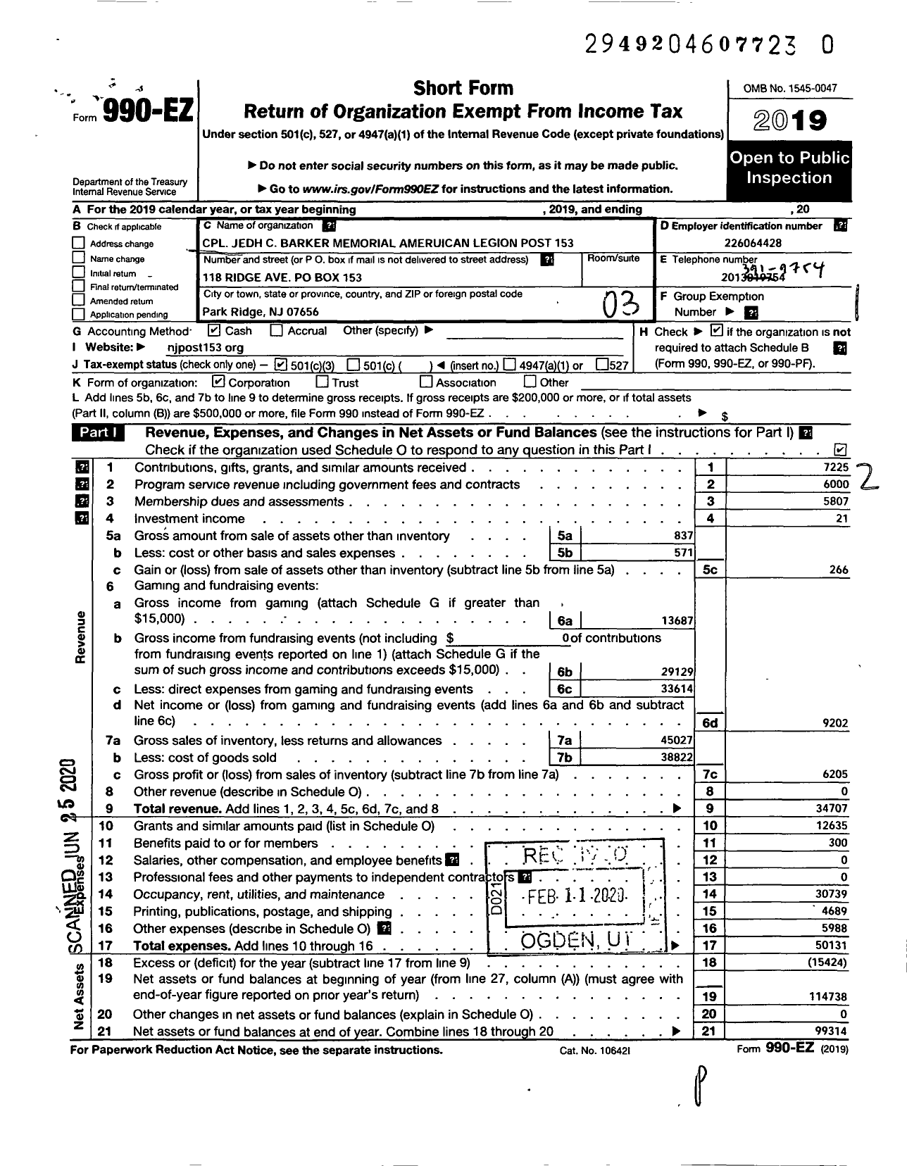 Image of first page of 2019 Form 990EZ for AMERICAN LEGION - 153 Cpl JEDH C Barker Memorial Post