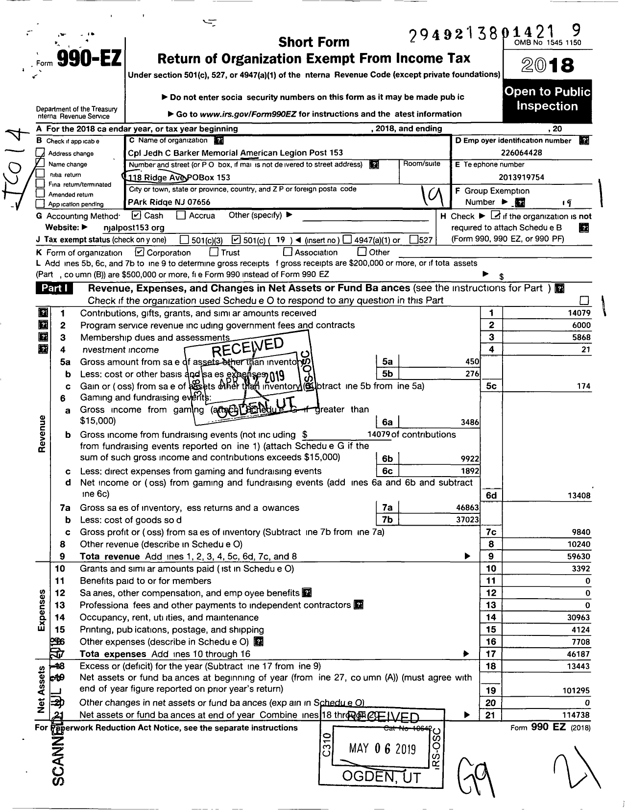 Image of first page of 2018 Form 990O for AMERICAN LEGION - 153 Cpl JEDH C Barker Memorial Post