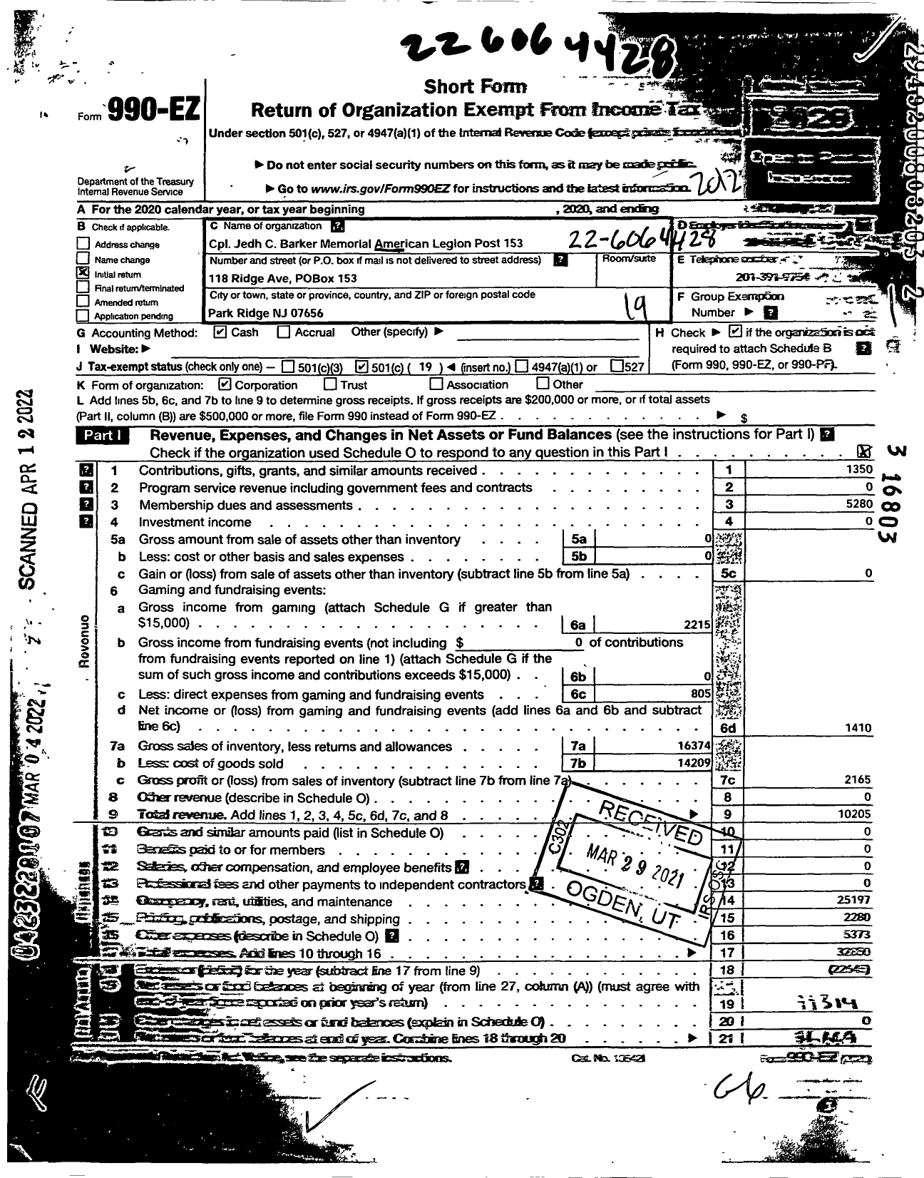 Image of first page of 2020 Form 990EO for AMERICAN LEGION - 153 Cpl JEDH C Barker Memorial Post