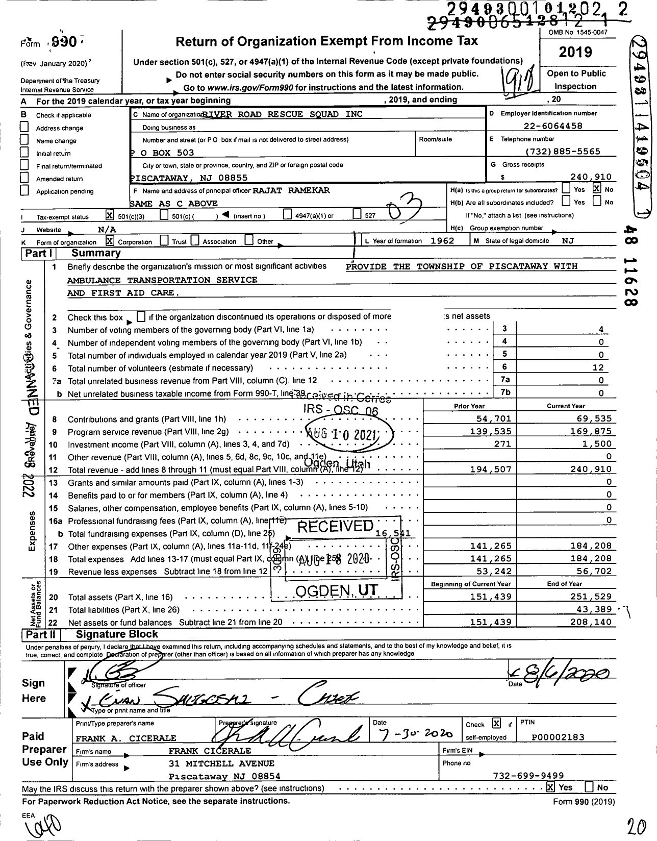 Image of first page of 2019 Form 990 for River Road Rescue Squad