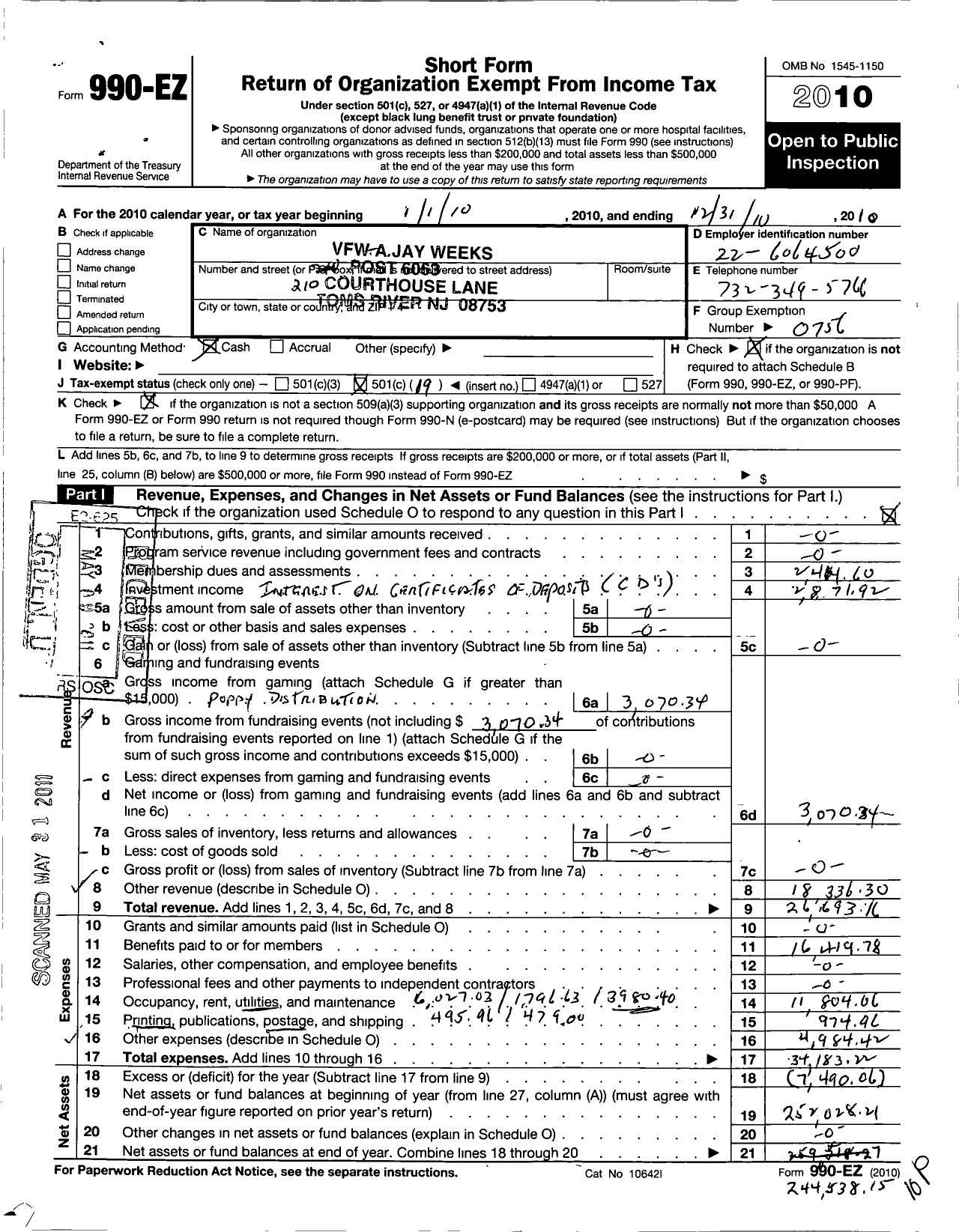 Image of first page of 2010 Form 990EO for Department of New Jersey VFW - 6063 A Jay Weeks Post