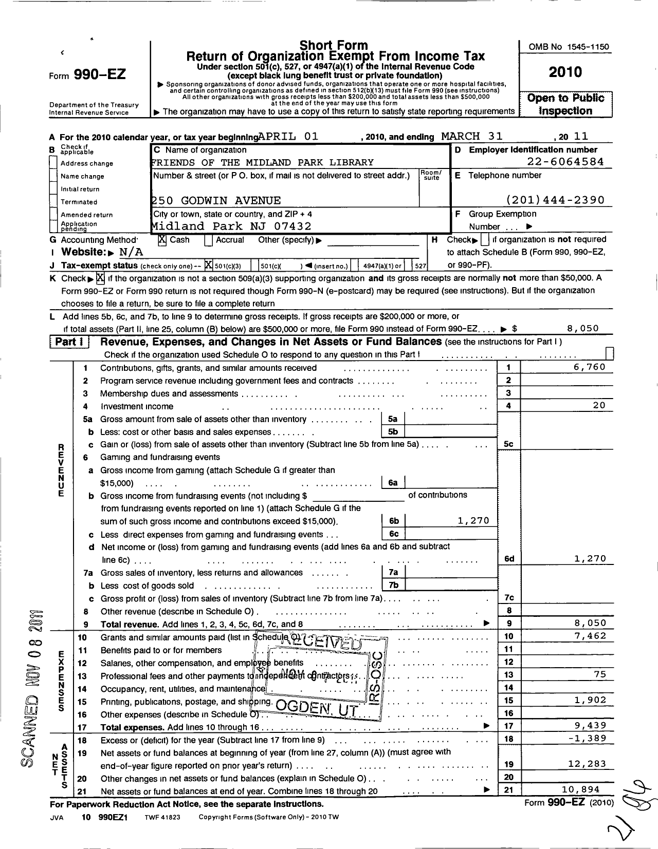 Image of first page of 2010 Form 990EZ for Friends of the Midland Park Memorial Library