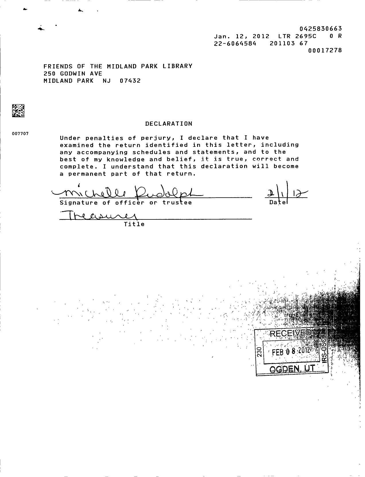 Image of first page of 2010 Form 990ER for Friends of the Midland Park Memorial Library