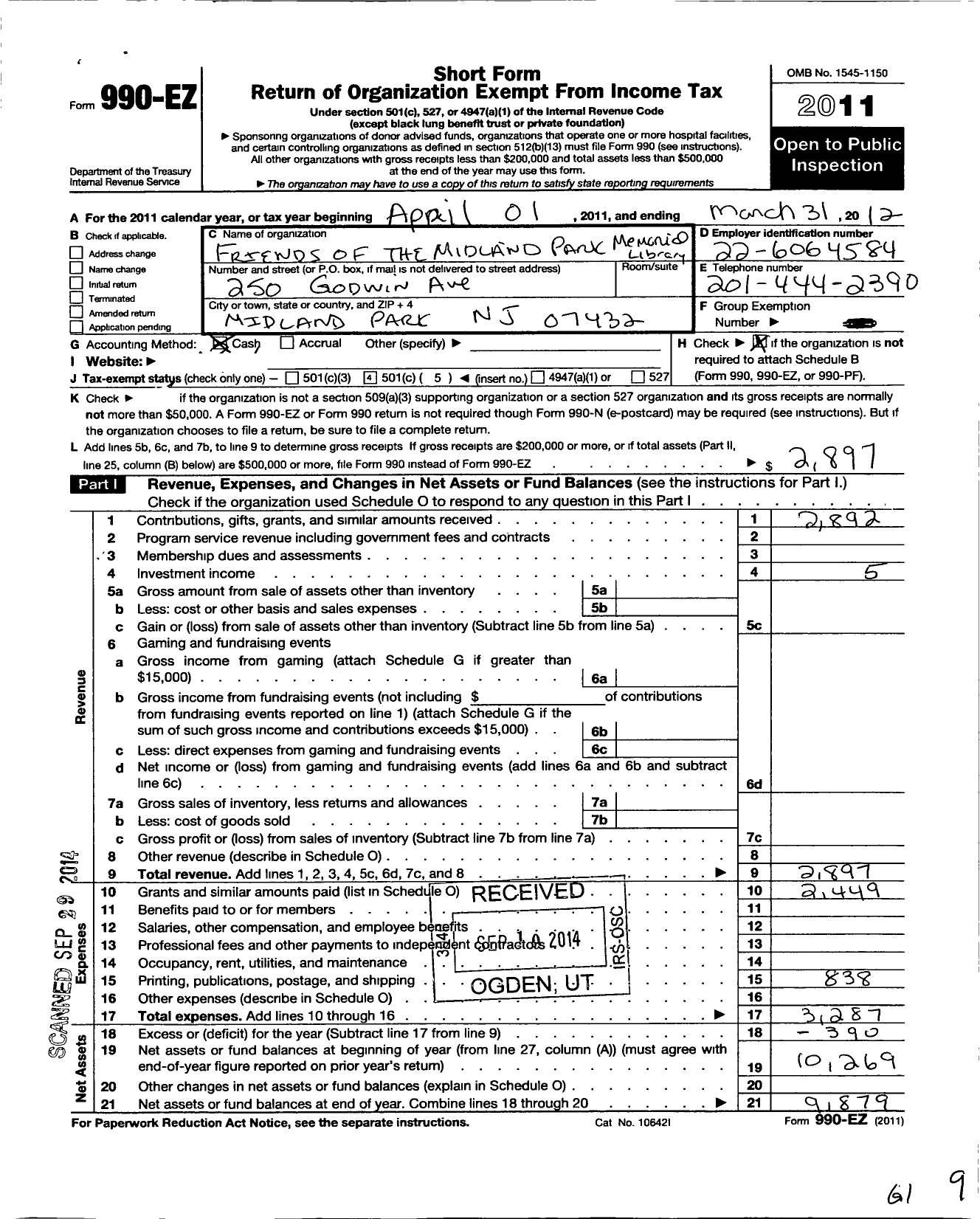 Image of first page of 2011 Form 990EO for Friends of the Midland Park Memorial Library