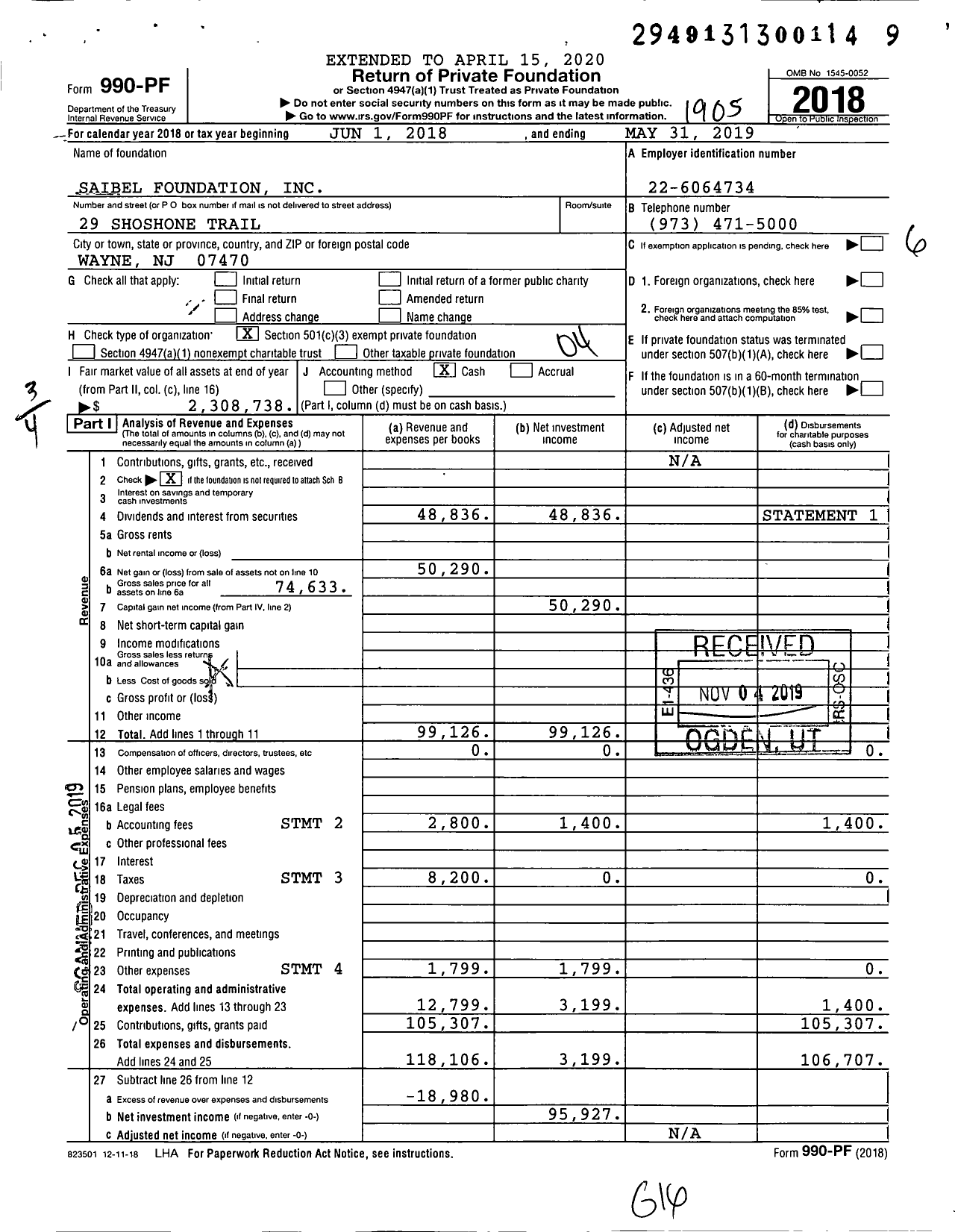 Image of first page of 2018 Form 990PF for Saibel Foundation