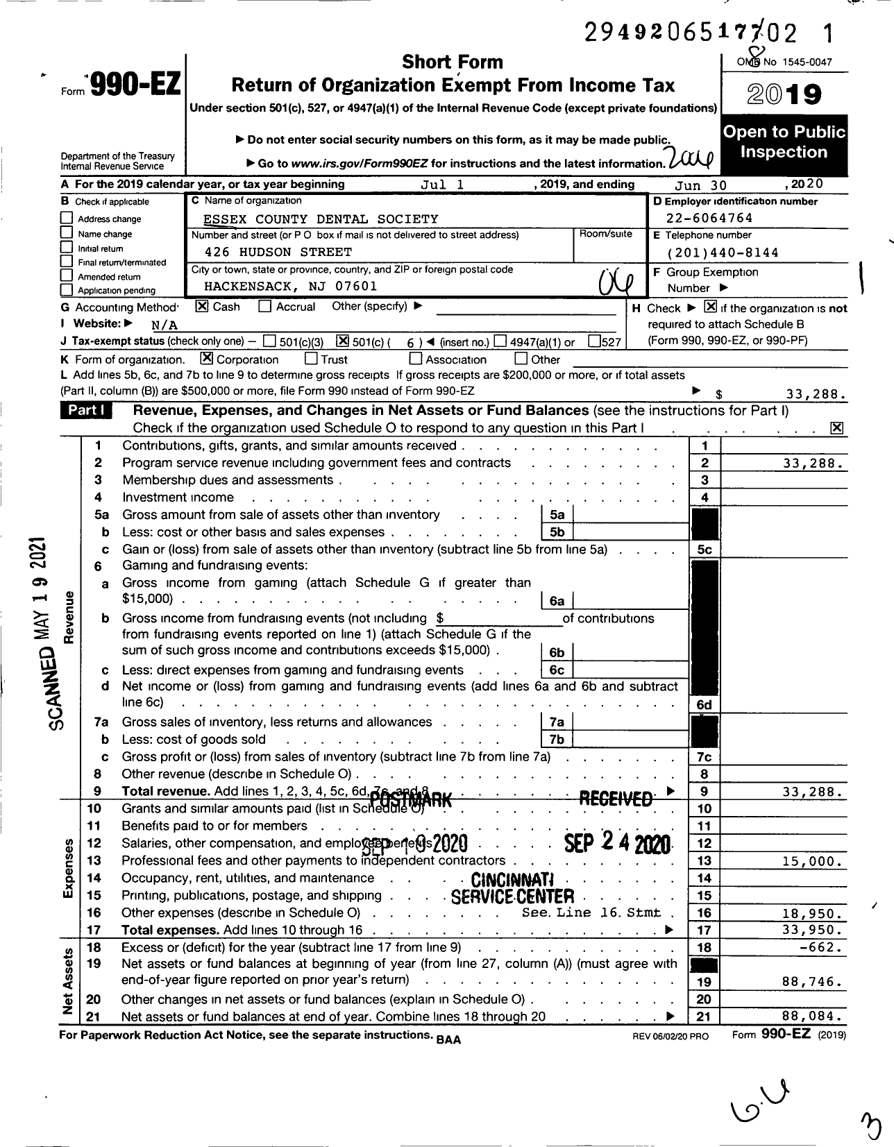 Image of first page of 2019 Form 990EO for Essex County Dental Society