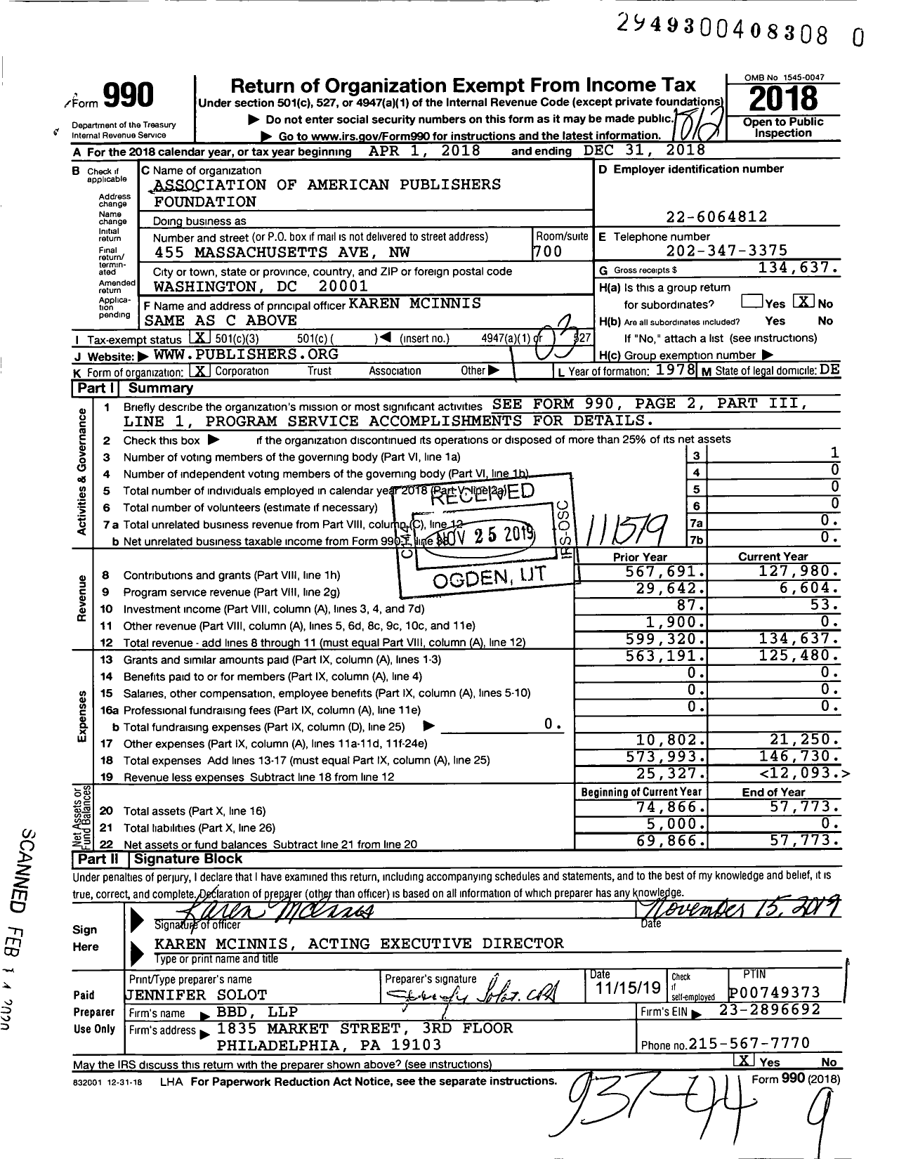 Image of first page of 2018 Form 990 for Association of American Publishers Foundation (AAP)