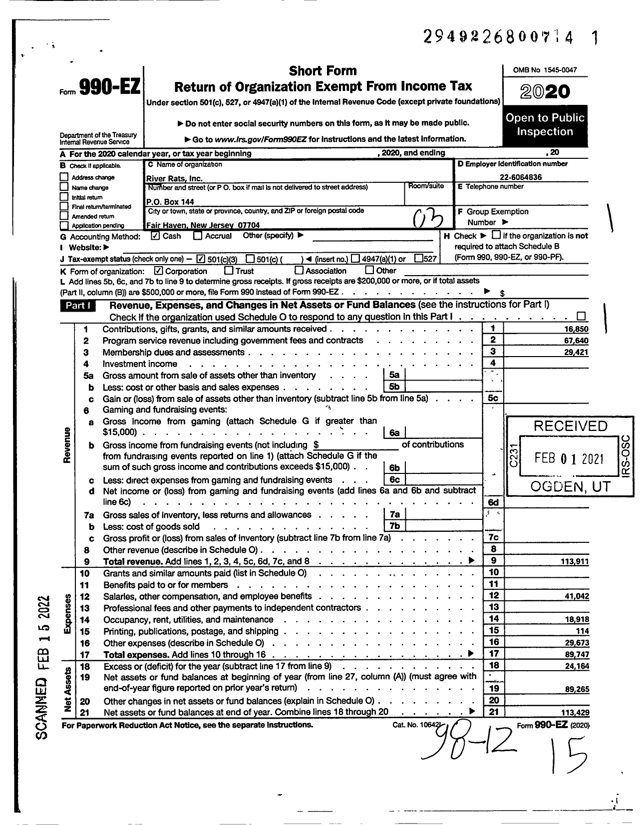 Image of first page of 2020 Form 990EZ for River Rats