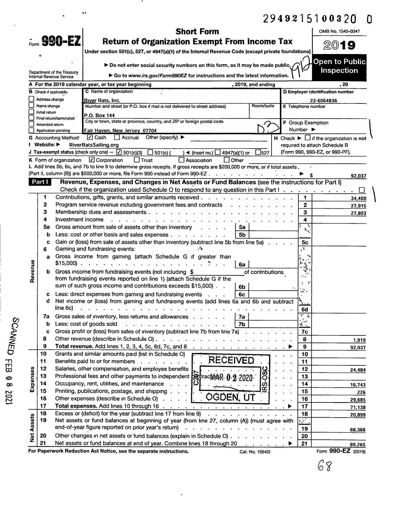 Image of first page of 2019 Form 990EZ for River Rats