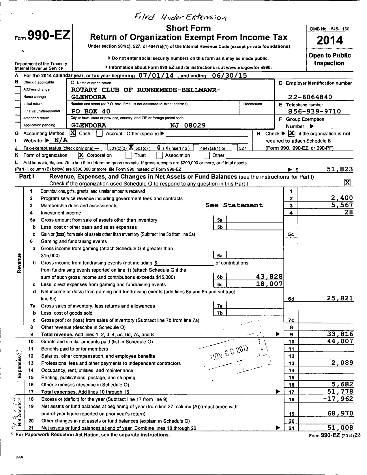 Image of first page of 2014 Form 990EO for Rotary International - Runnemede-Bellmawr-Glendora