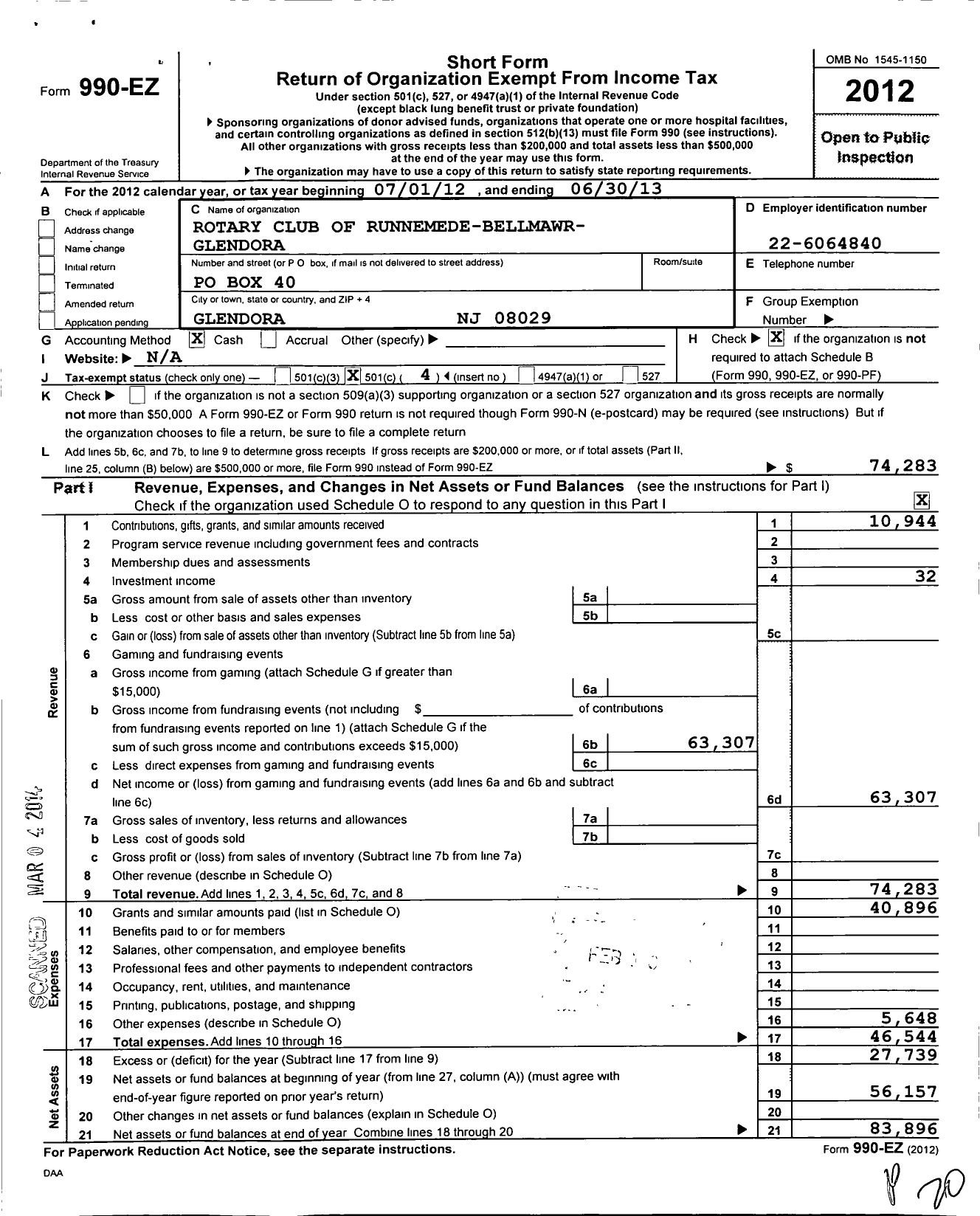 Image of first page of 2012 Form 990EO for Rotary International - Runnemede-Bellmawr-Glendora