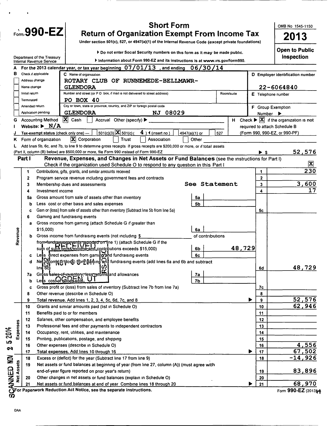 Image of first page of 2013 Form 990EO for Rotary International - Runnemede-Bellmawr-Glendora