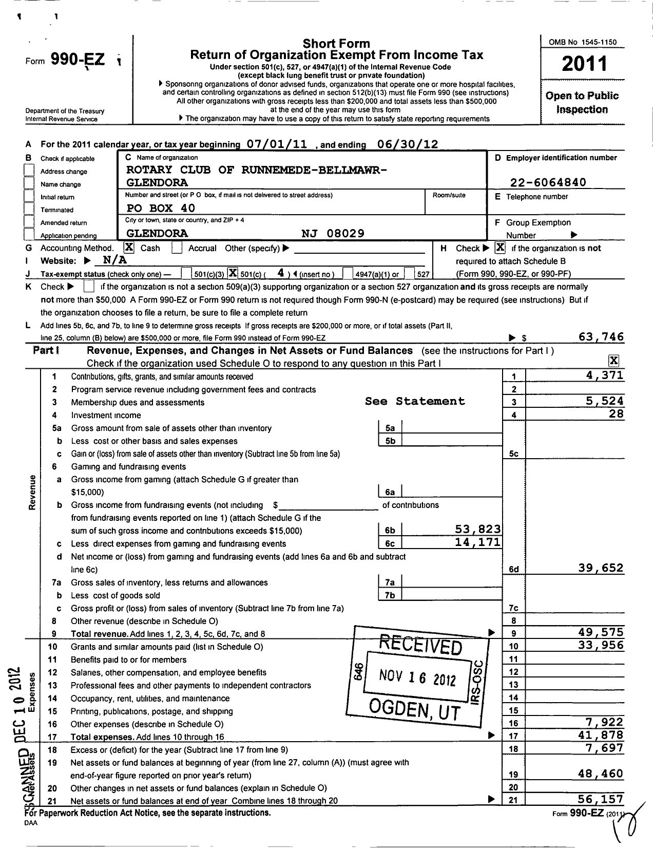 Image of first page of 2011 Form 990EO for Rotary International - Runnemede-Bellmawr-Glendora